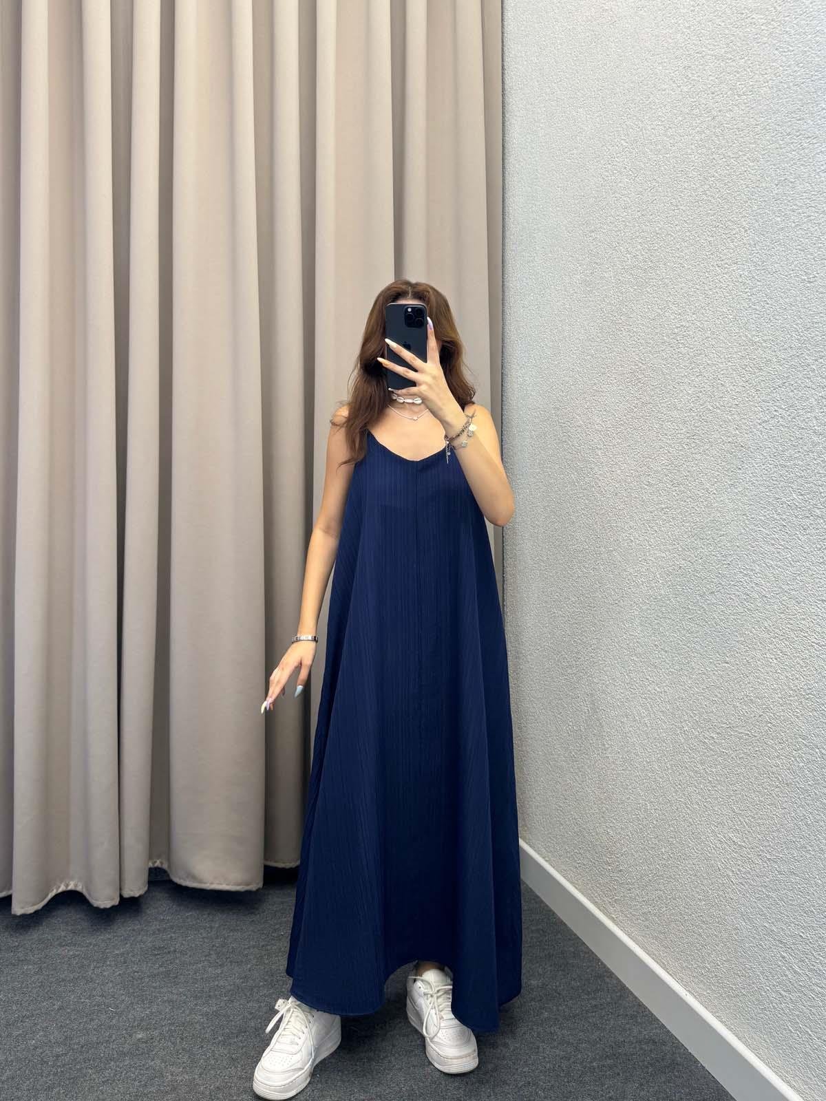 Lopas Askılı Kaş Keten Lacivert Elbise