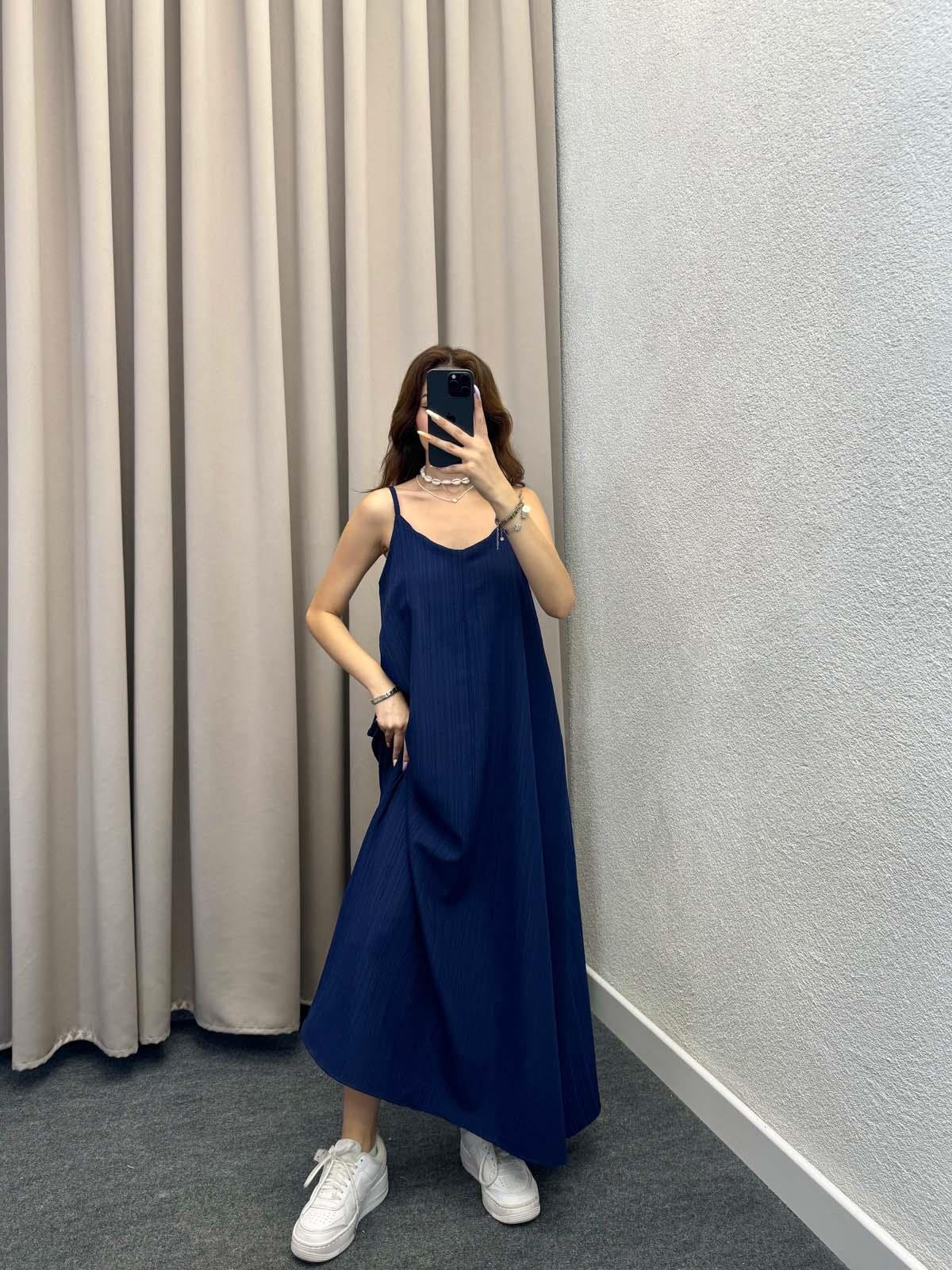 Lopas Askılı Kaş Keten Lacivert Elbise