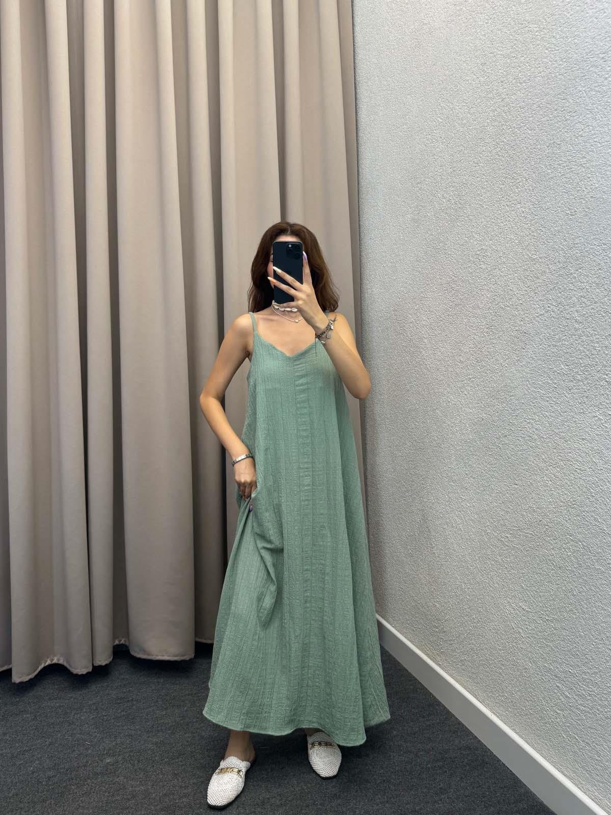 Lopas Askılı Kaş Keten Mint Elbise