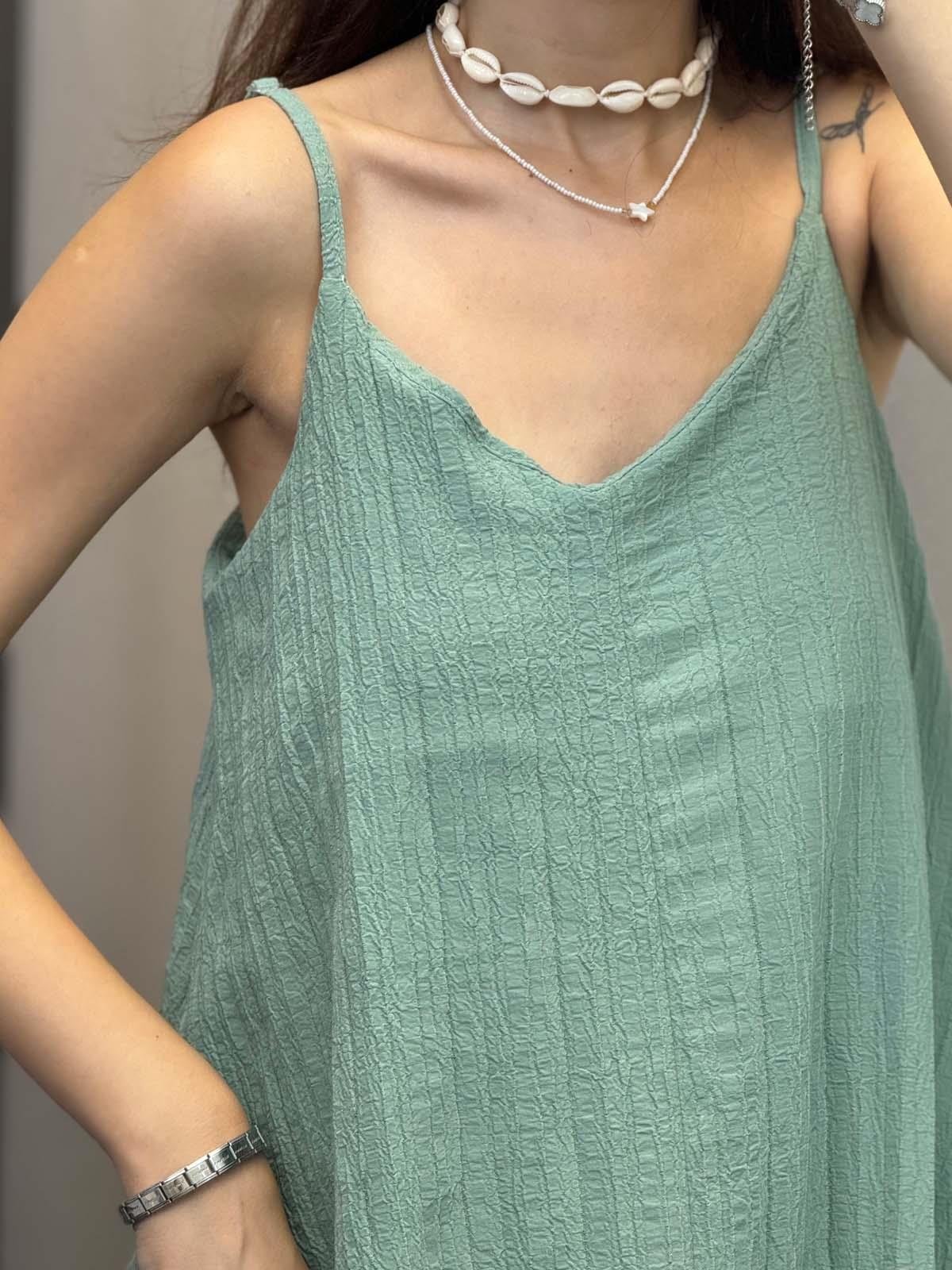 Lopas Askılı Kaş Keten Mint Elbise