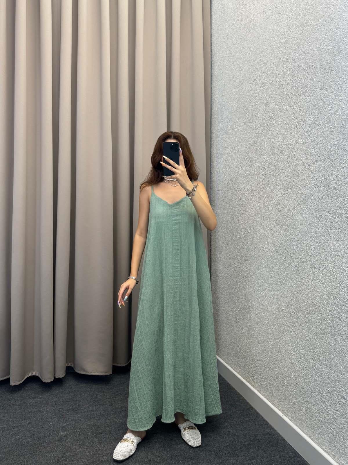 Lopas Askılı Kaş Keten Mint Elbise