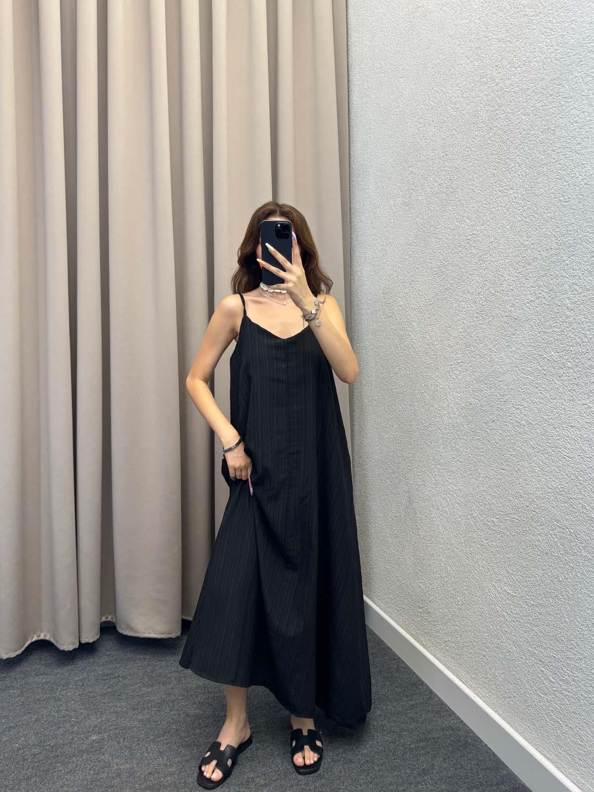 Lopas Askılı Kaş Keten Siyah Elbise