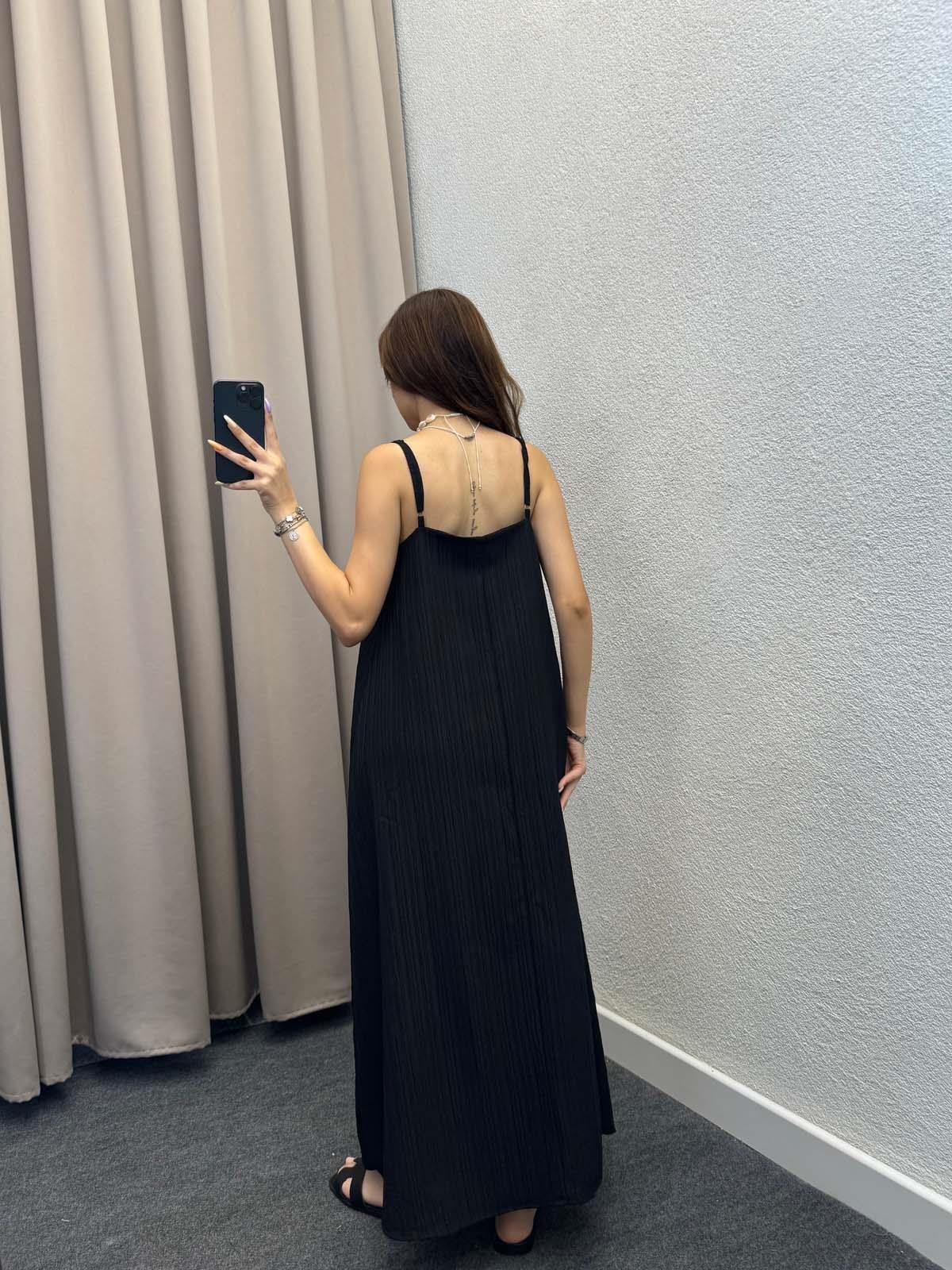 Lopas Askılı Kaş Keten Siyah Elbise