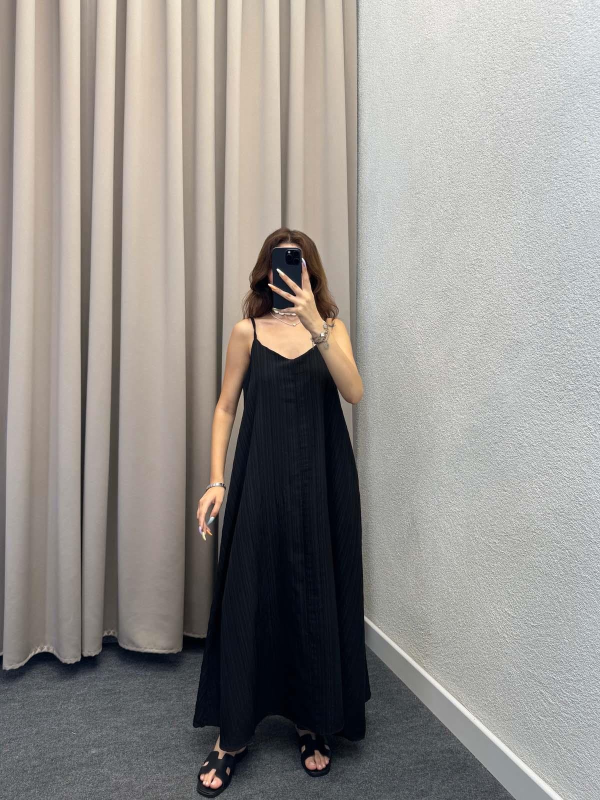 Lopas Askılı Kaş Keten Siyah Elbise