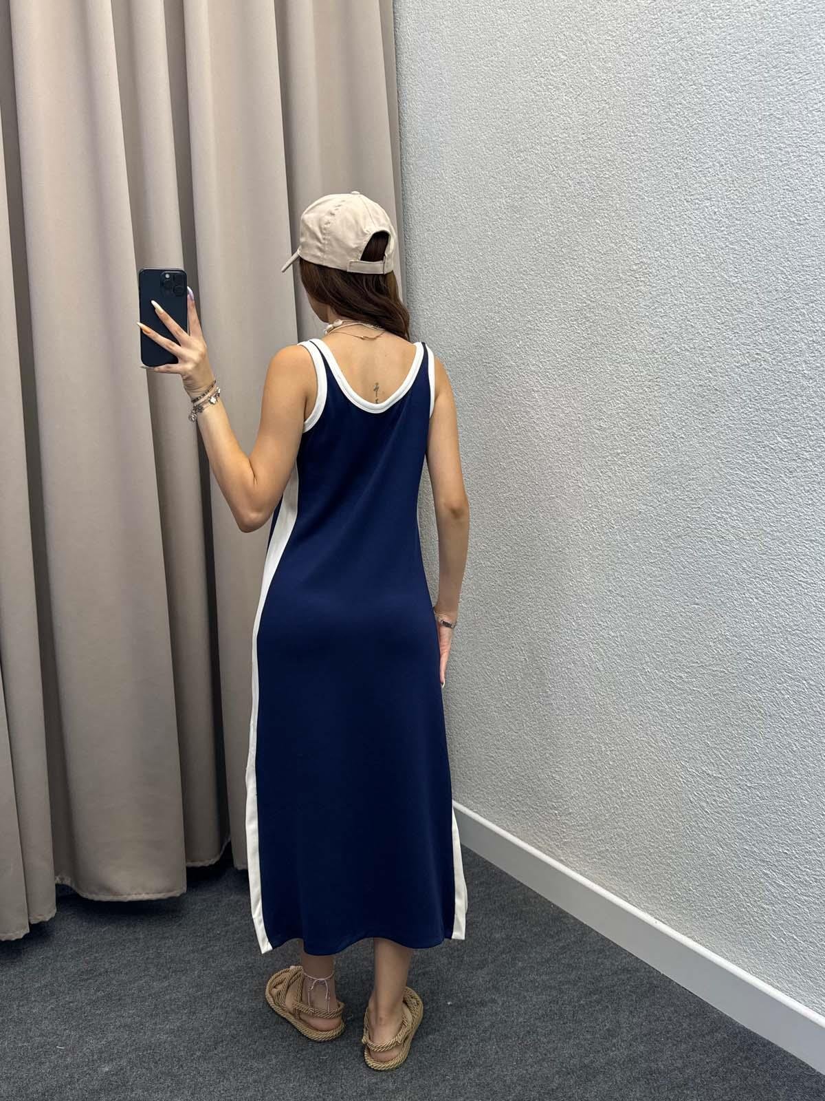 Lykos Yan Yırtmaçlı Lacivert Elbise