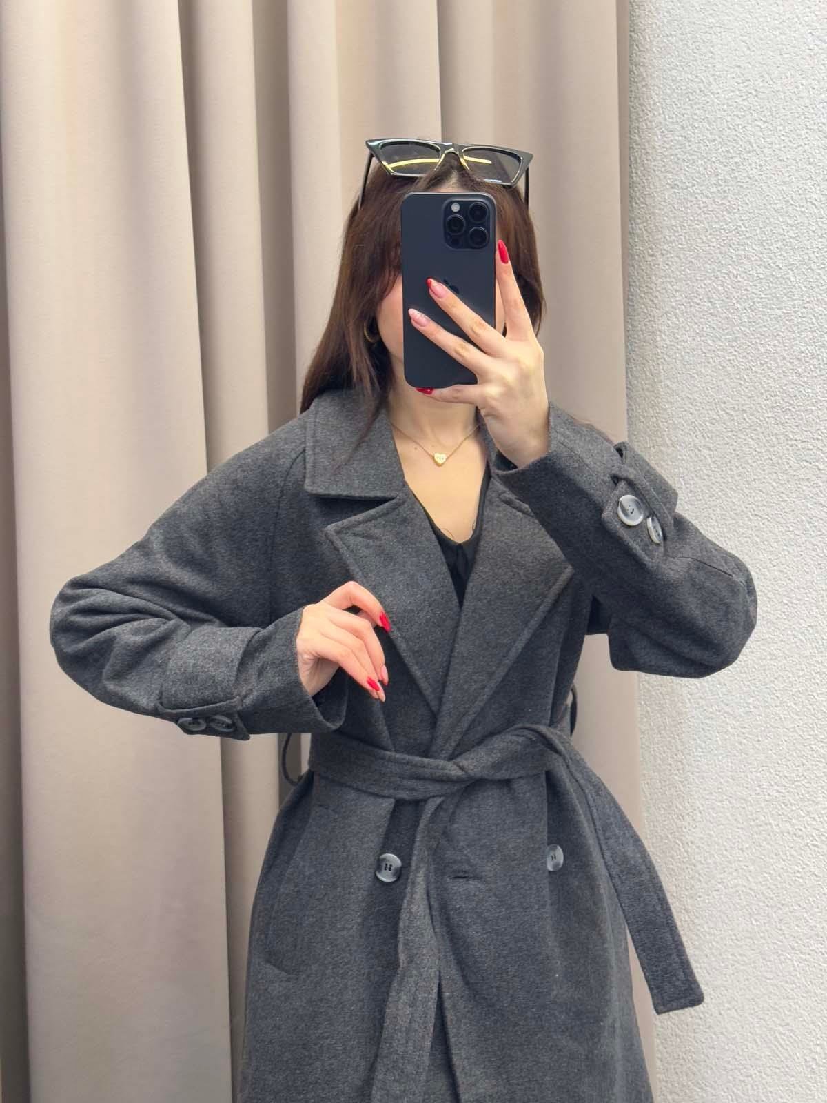Maeras Füme Kuşaklı Kaşe Kaban