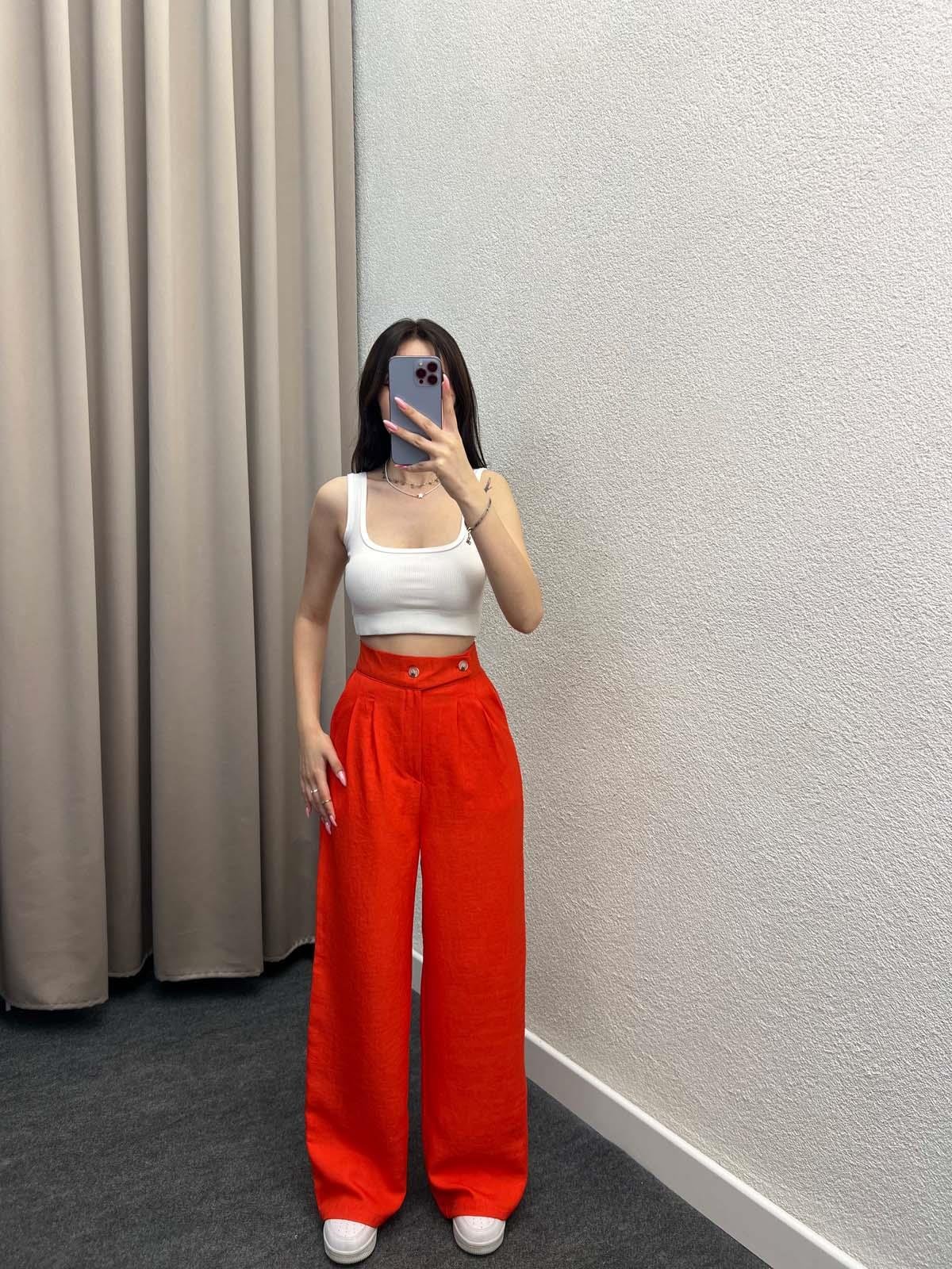 Miami Çift Düğmeli Orange Keten Palazzo Pantolon