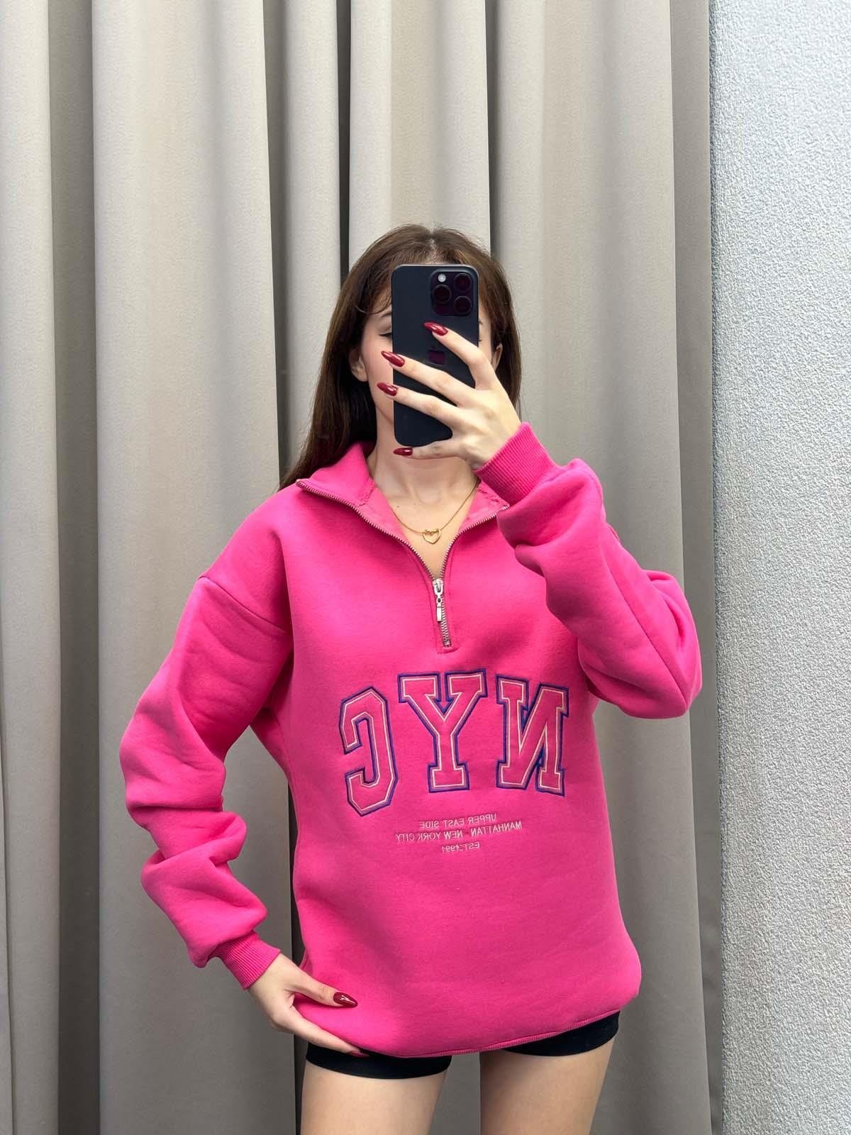 Nyc Pembe Oversize Yarım Fermuarlı Sweatshirt