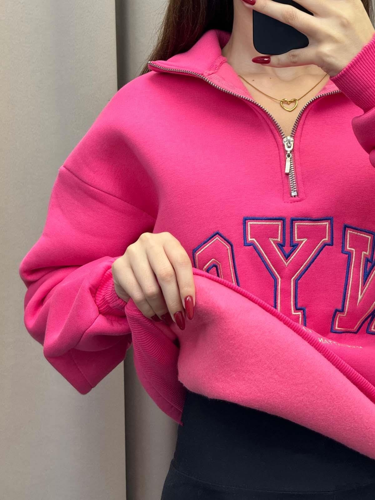 Nyc Pembe Oversize Yarım Fermuarlı Sweatshirt