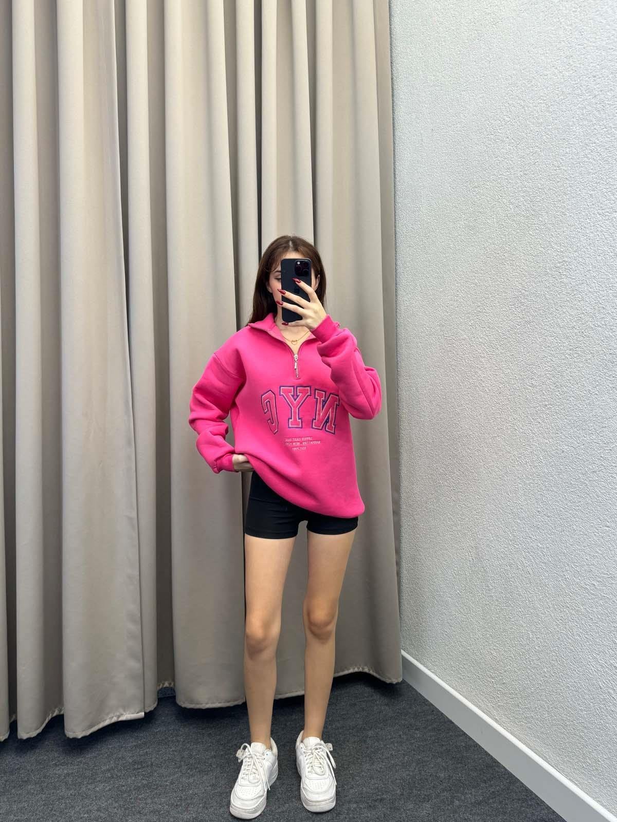 Nyc Pembe Oversize Yarım Fermuarlı Sweatshirt