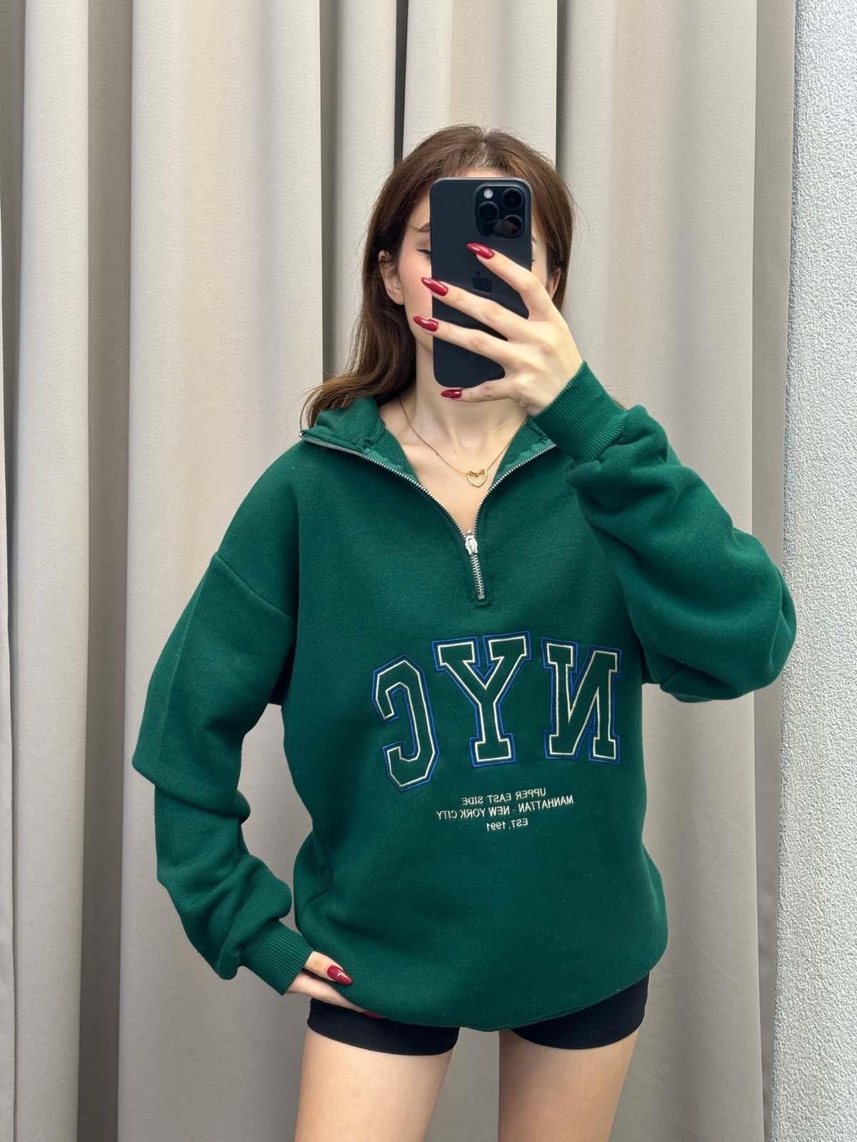 Nyc Yeşil Oversize Yarım Fermuarlı Sweatshirt