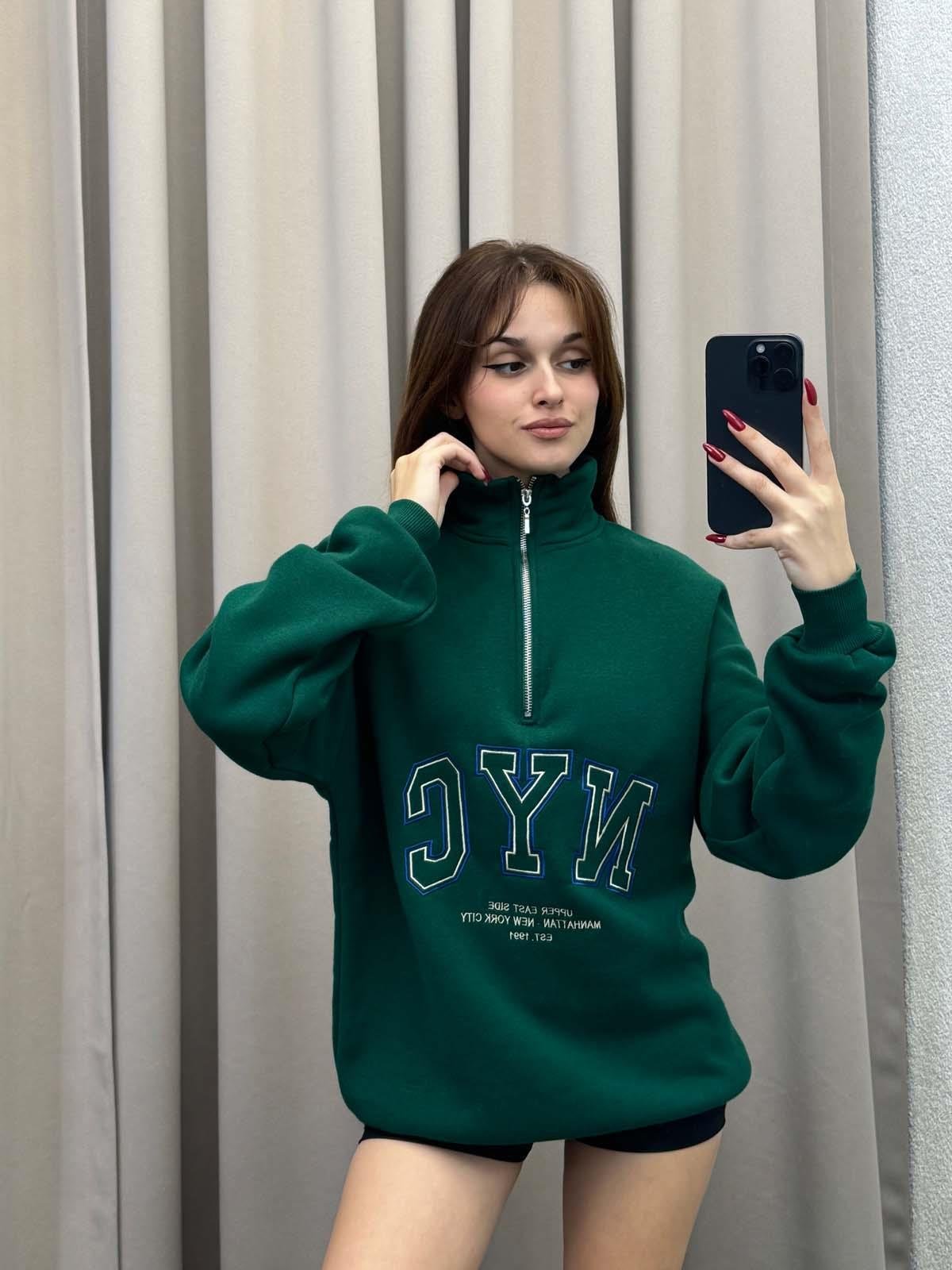 Nyc Yeşil Oversize Yarım Fermuarlı Sweatshirt