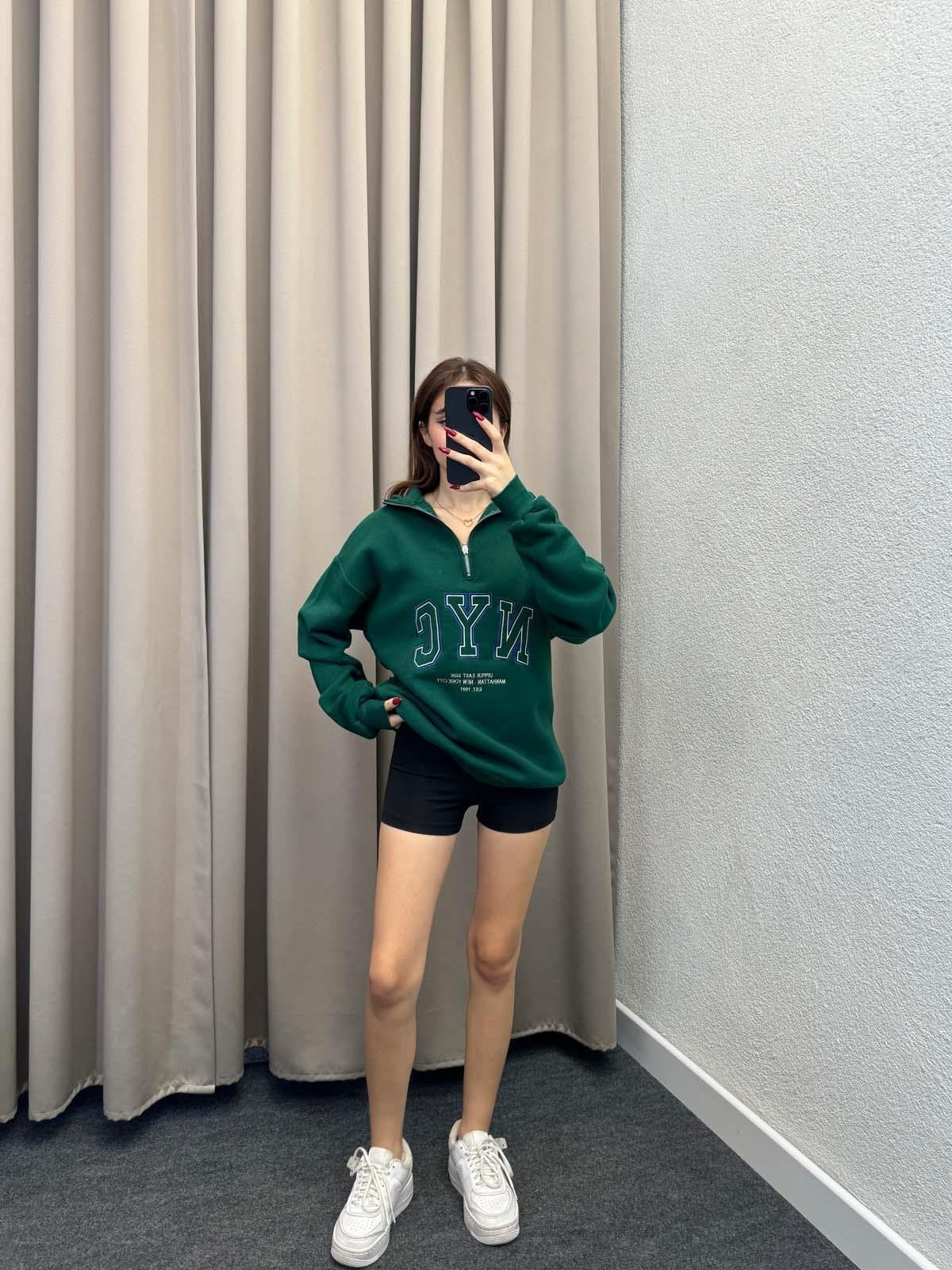 Nyc Yeşil Oversize Yarım Fermuarlı Sweatshirt