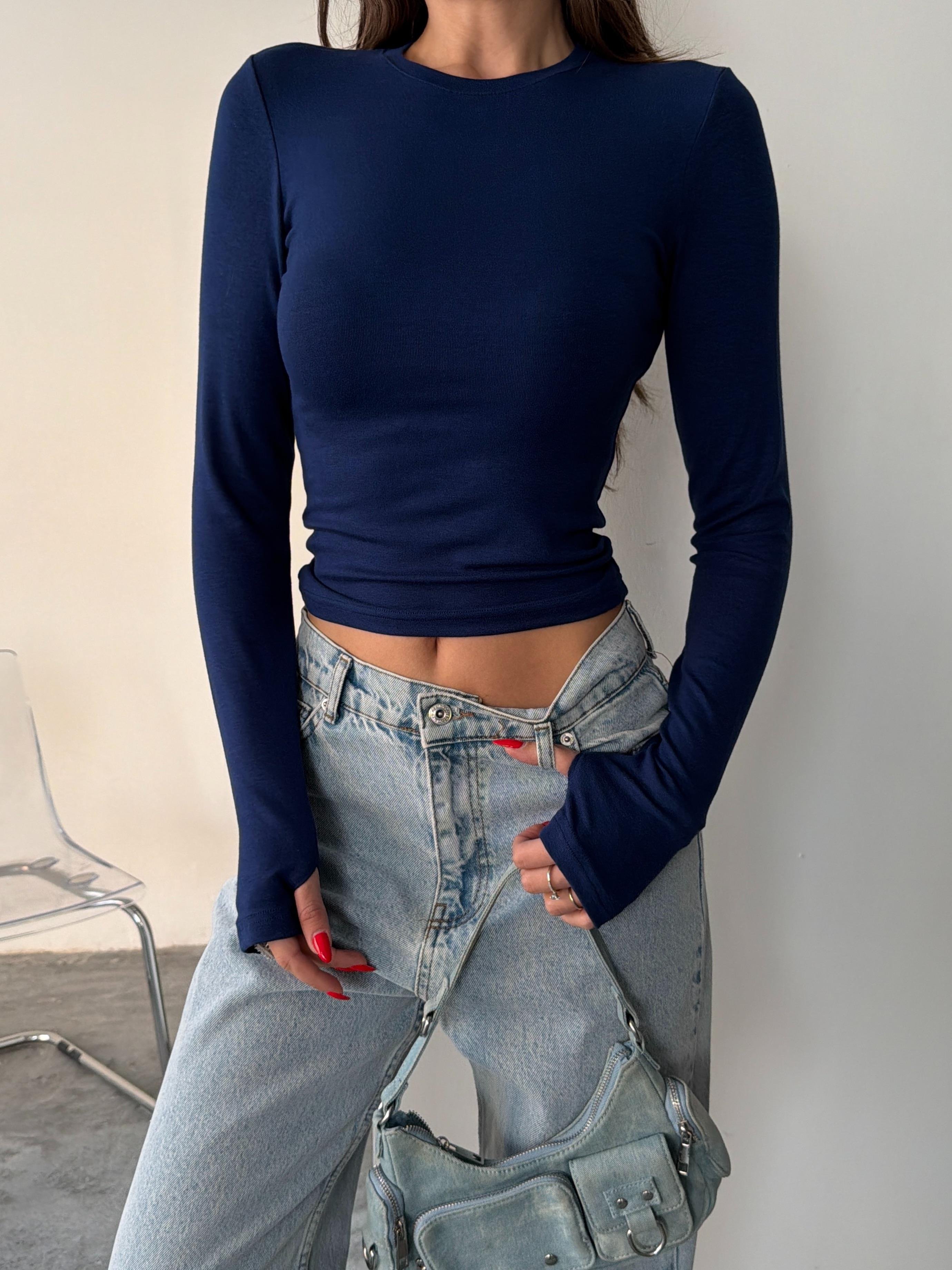 OYS BUZY KUMAŞ PARMAK GEÇME BLUZ LACİVERT