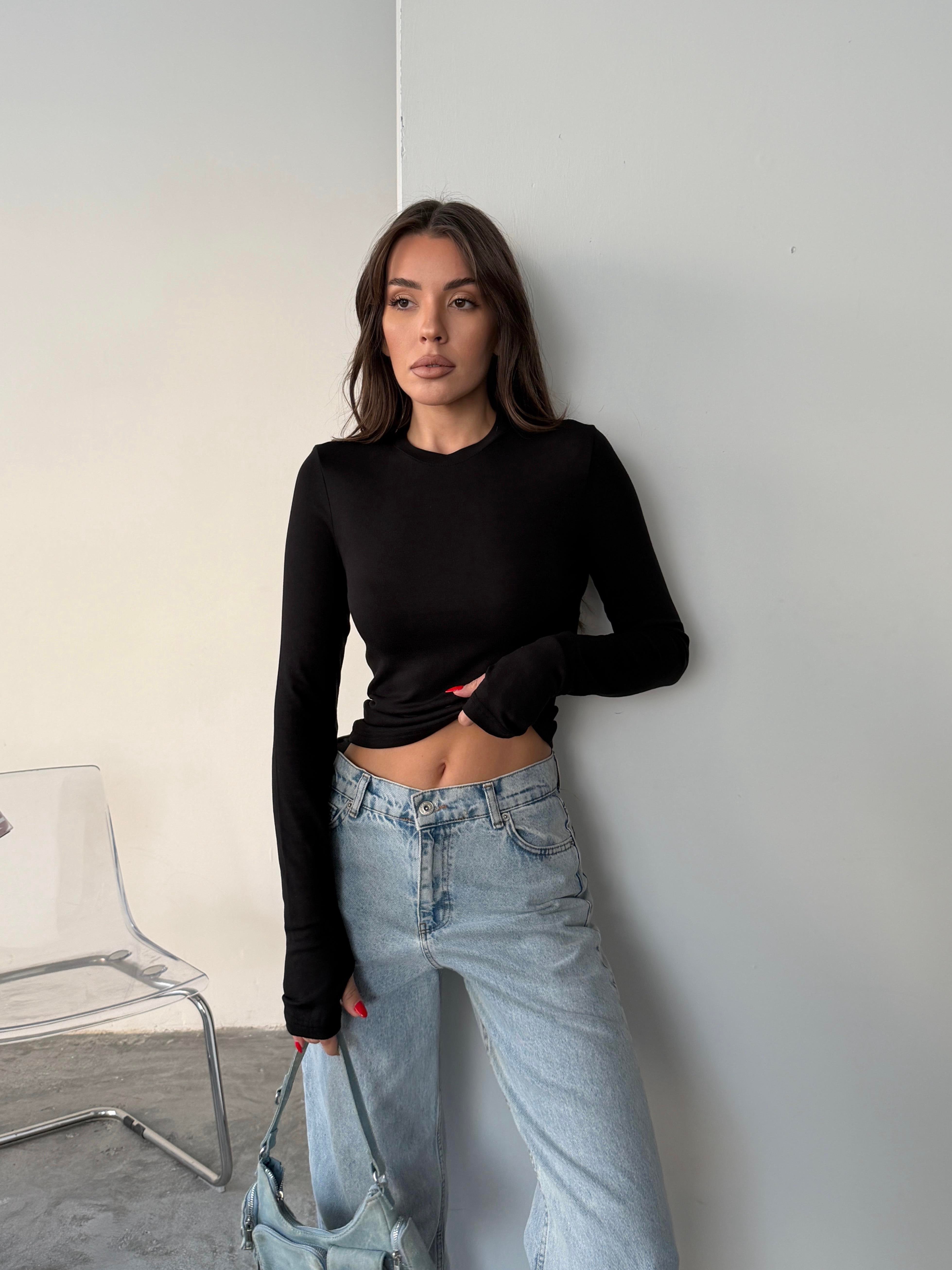 OYS BUZY KUMAŞ PARMAK GEÇME BLUZ SİYAH