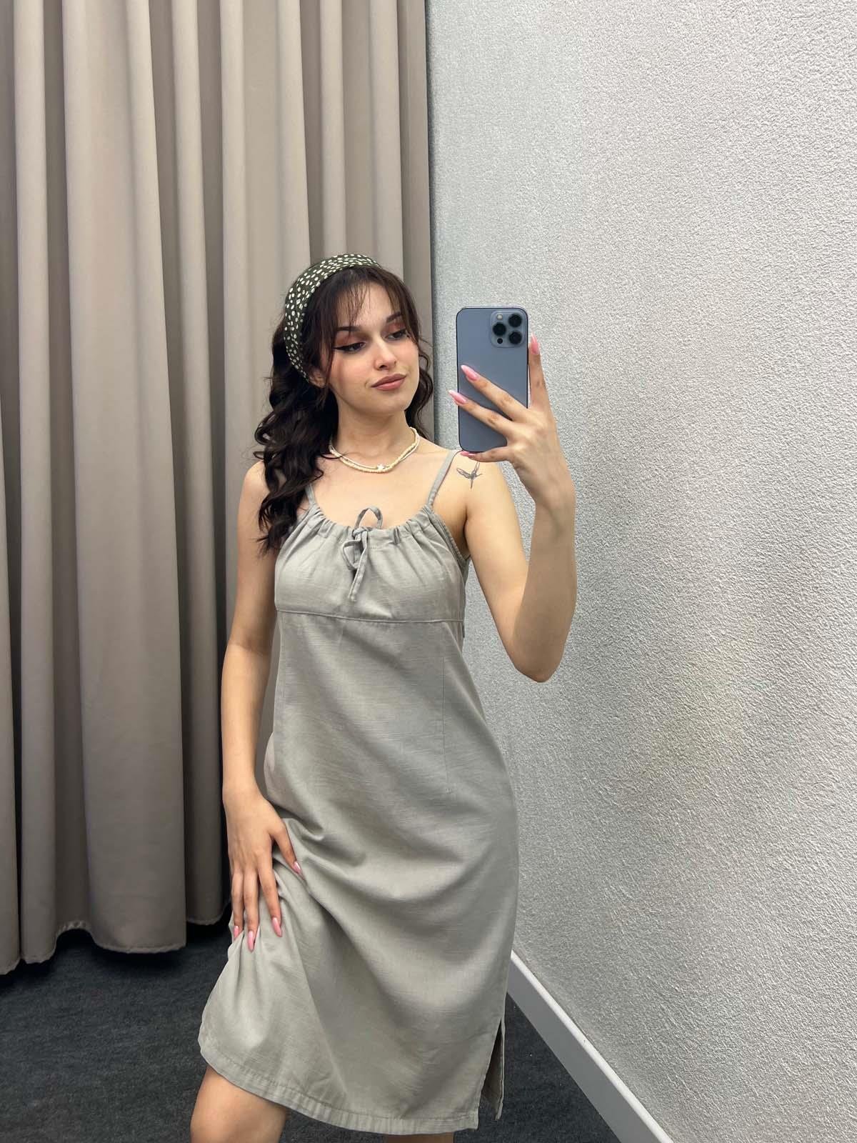 Palmiye Gri Keten Elbise