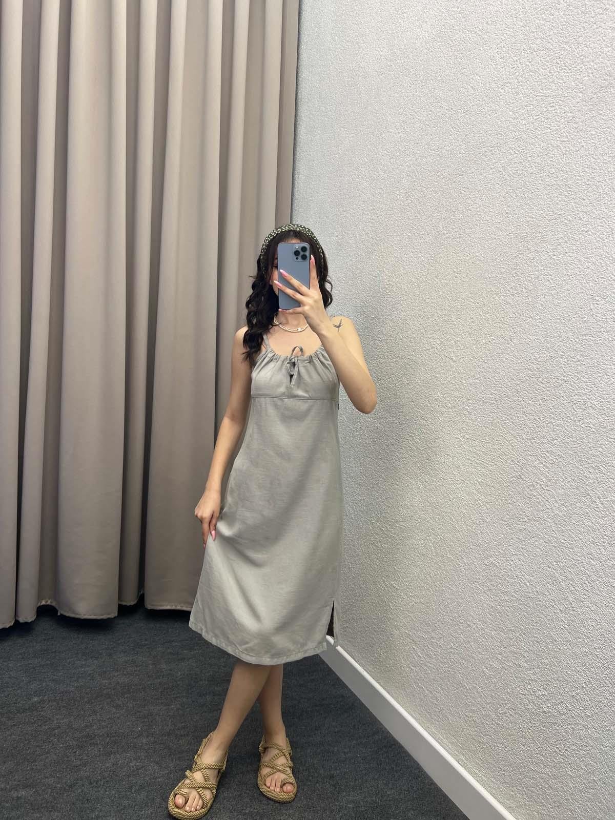 Palmiye Gri Keten Elbise