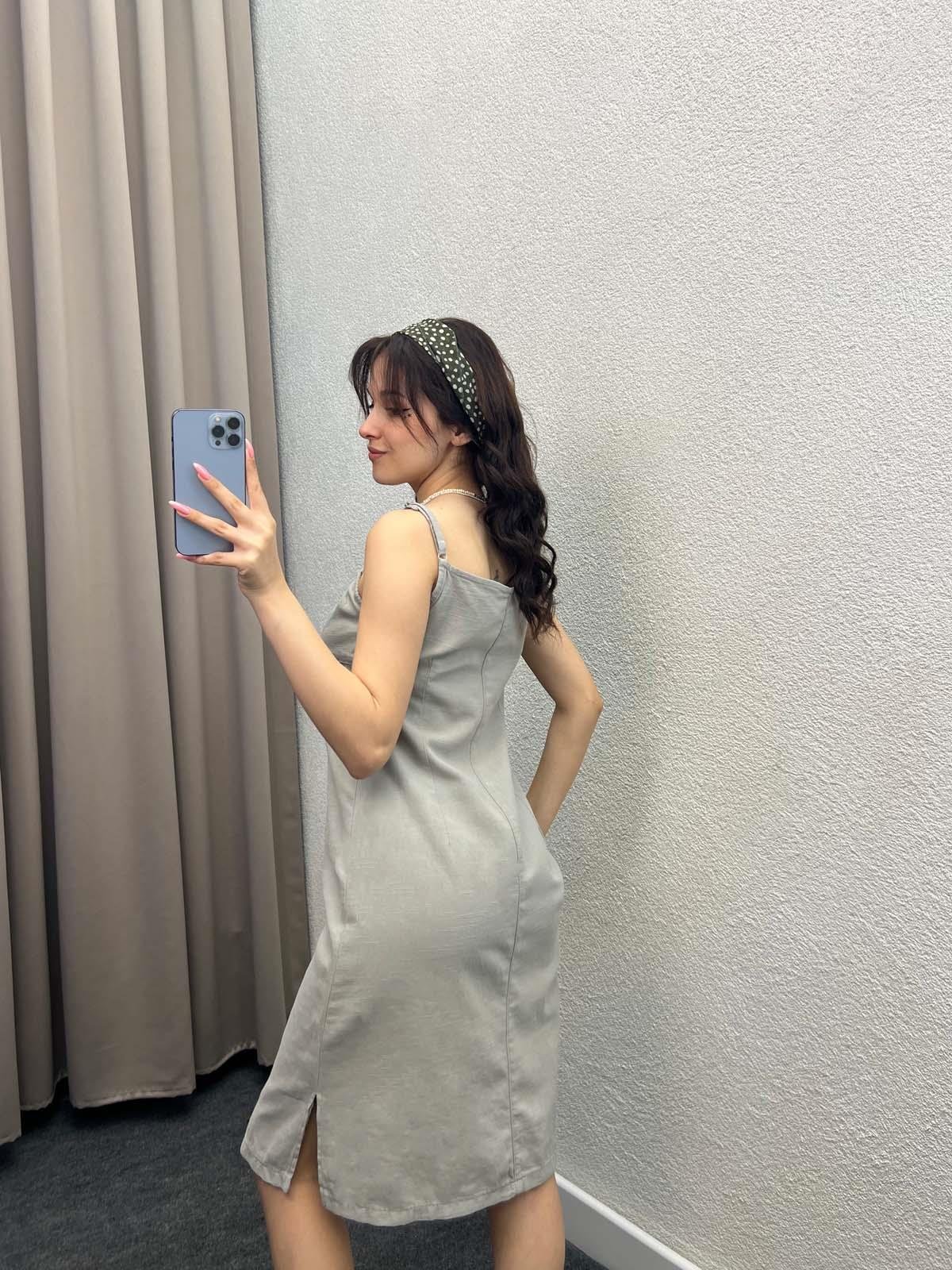 Palmiye Gri Keten Elbise