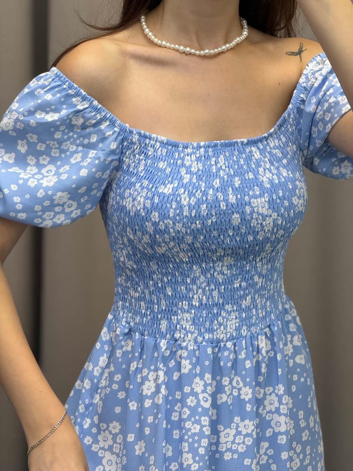 Papatya Desenli Mavi Askılı Elbise