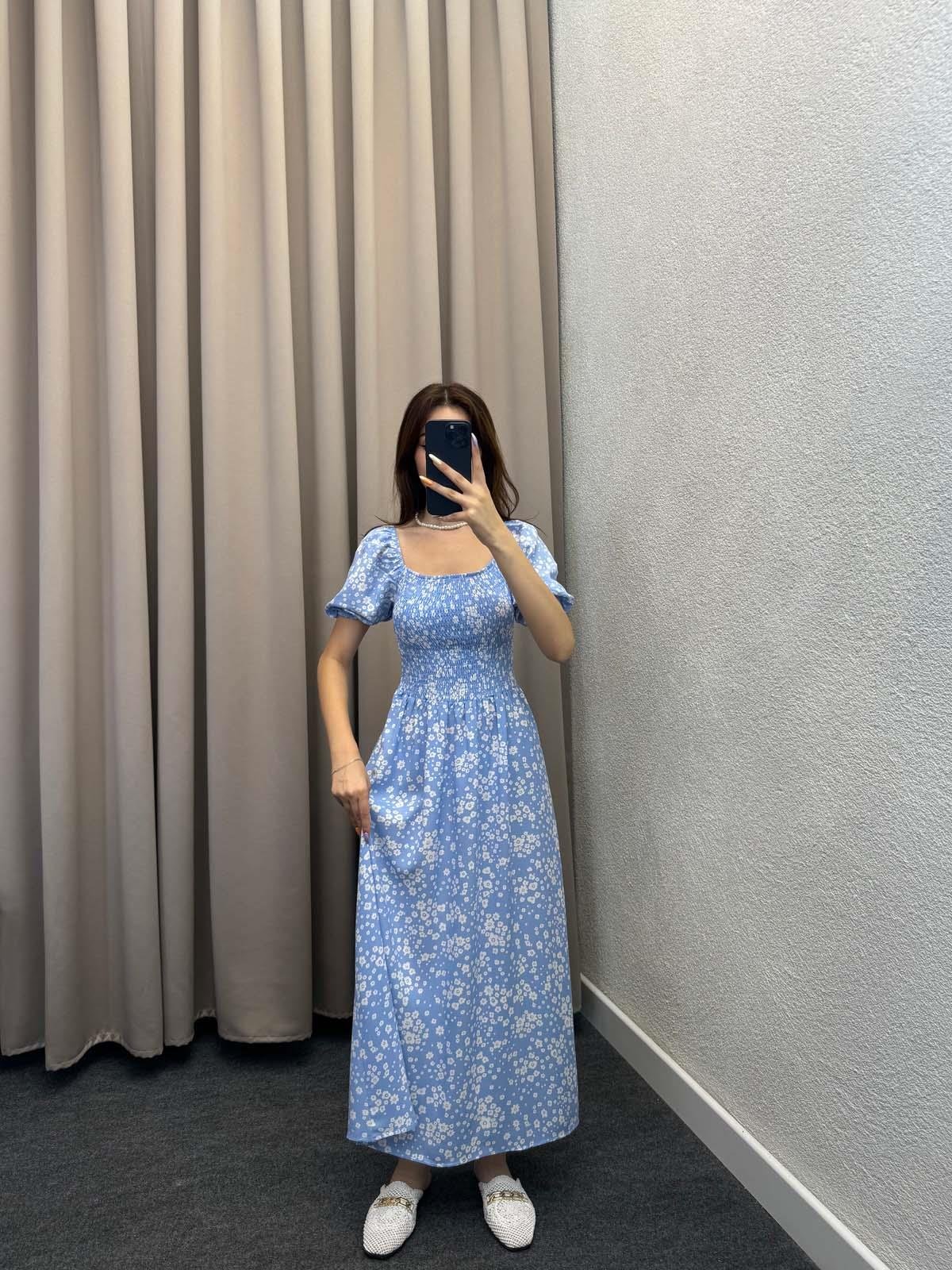 Papatya Desenli Mavi Askılı Elbise