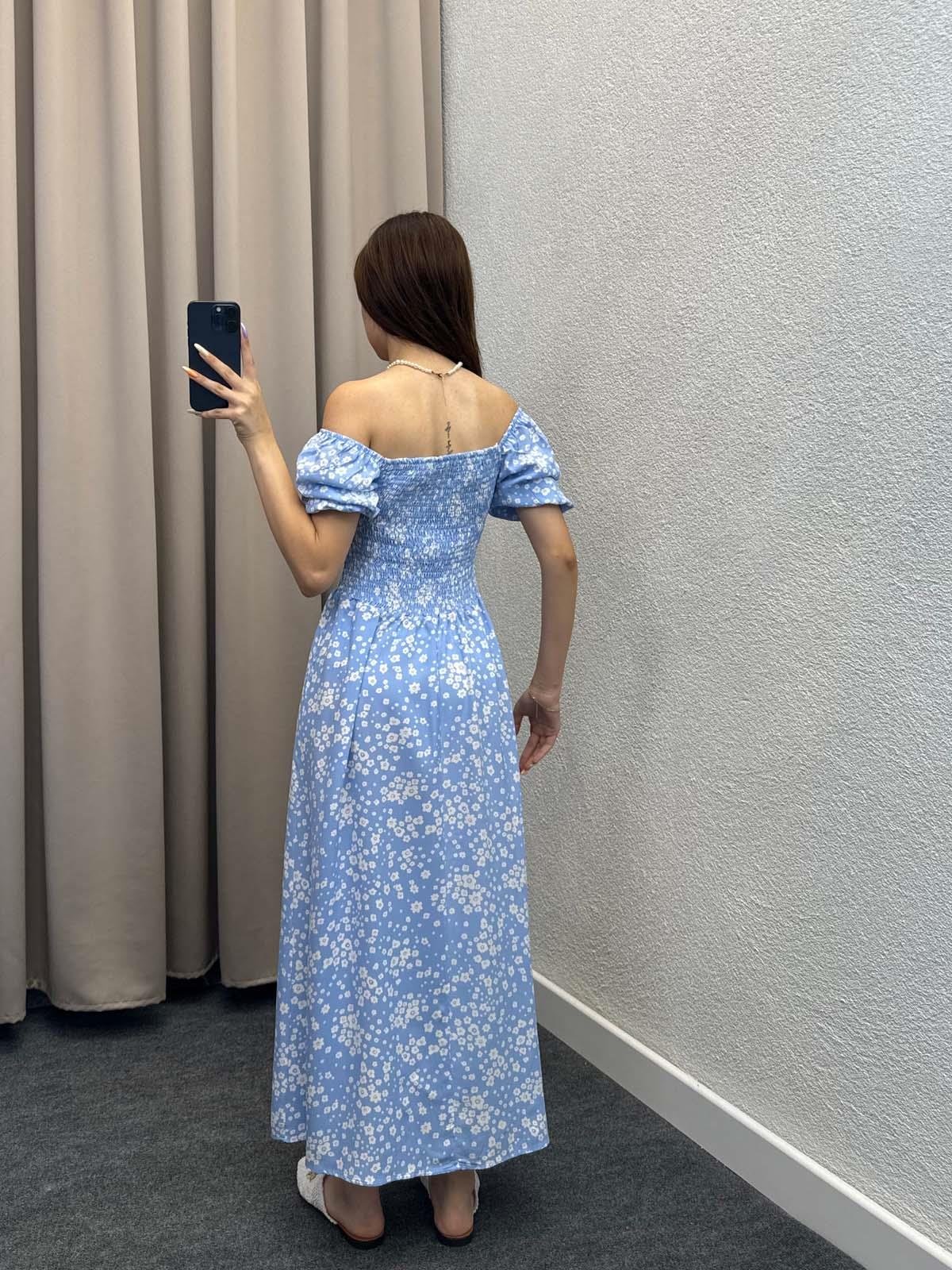 Papatya Desenli Mavi Askılı Elbise