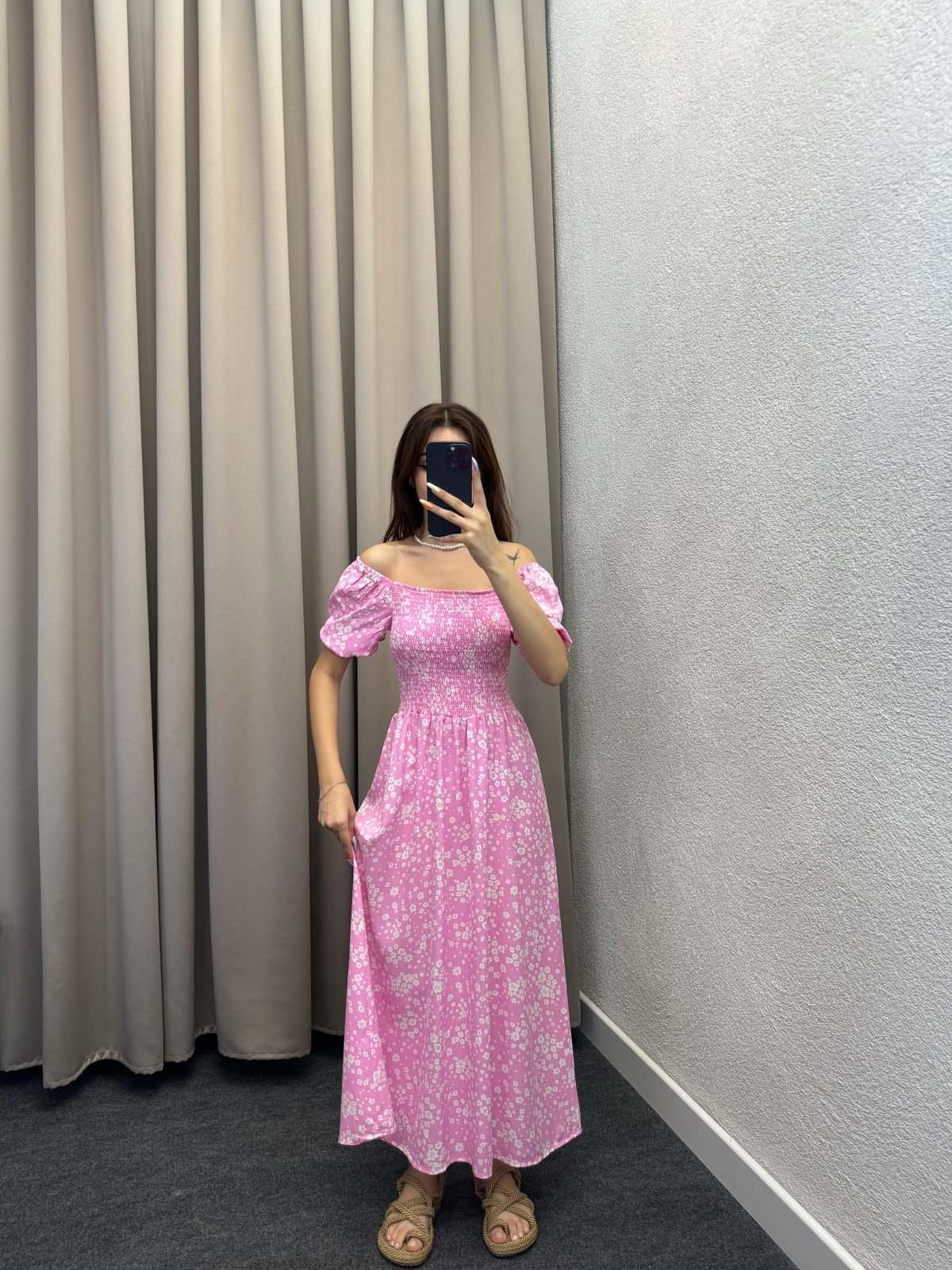 Papatya Desenli Pembe Askılı Elbise