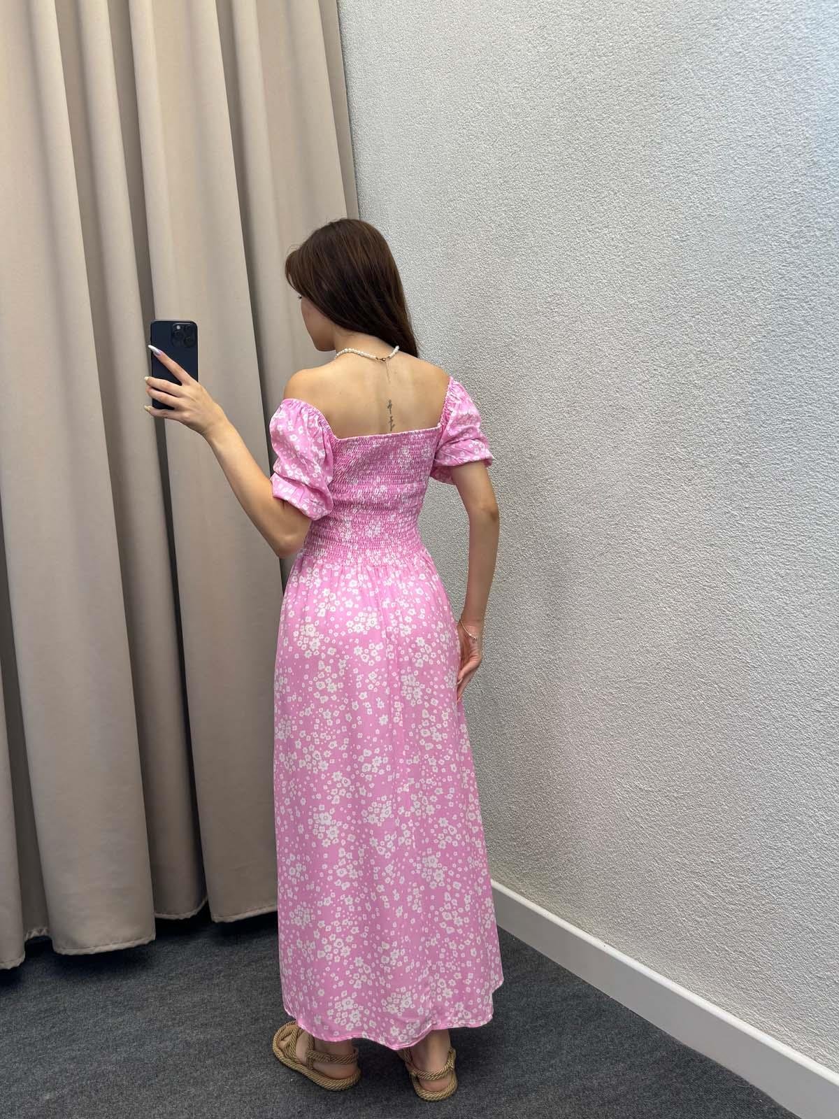 Papatya Desenli Pembe Askılı Elbise