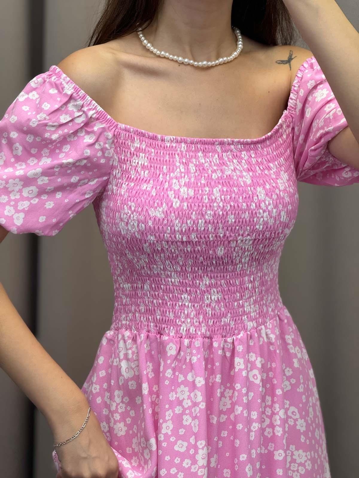 Papatya Desenli Pembe Askılı Elbise