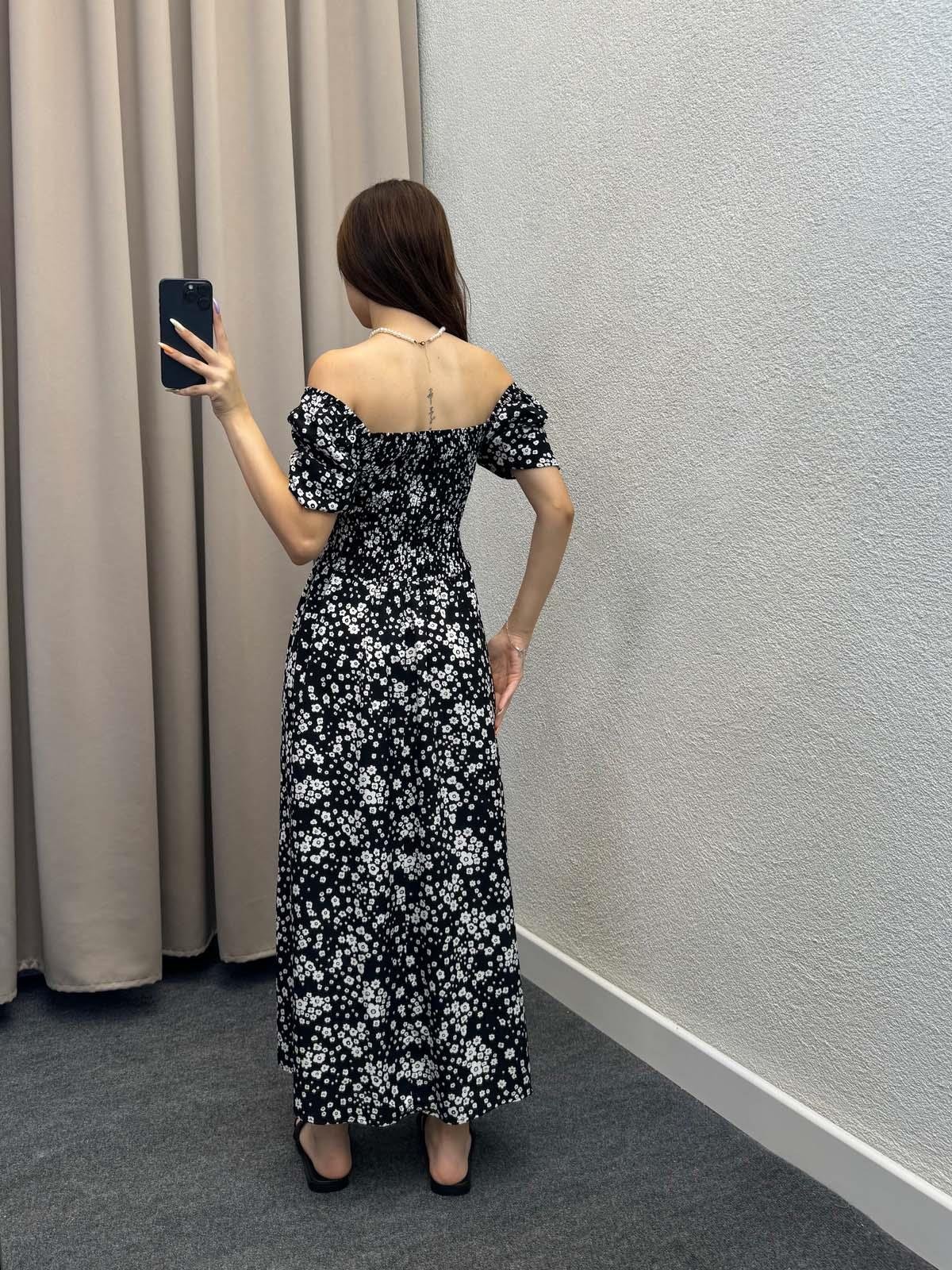 Papatya Desenli Siyah Askılı Elbise