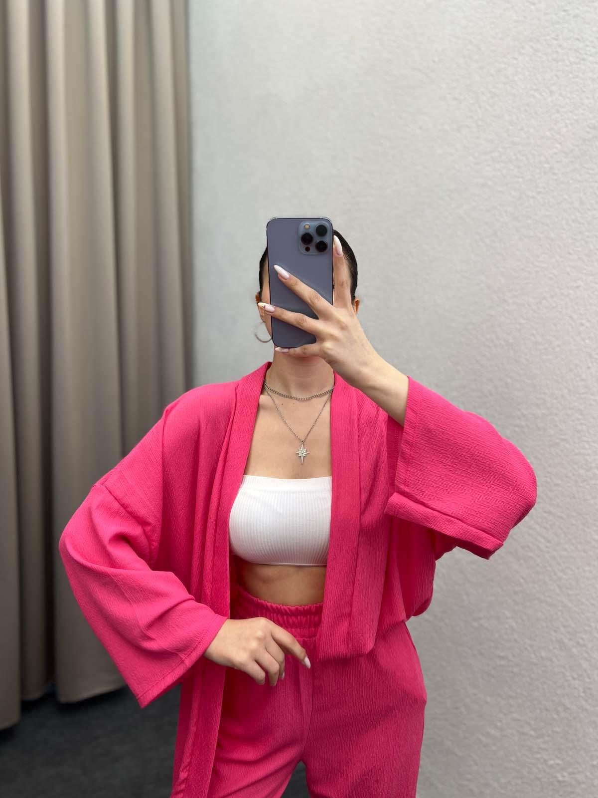 Pena Pembe Gofre Kimono Takım