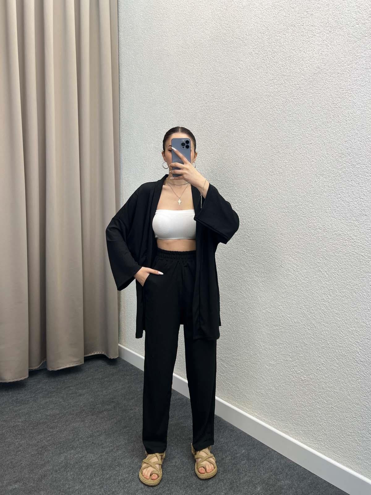 Pena Siyah Gofre Kimono Takım