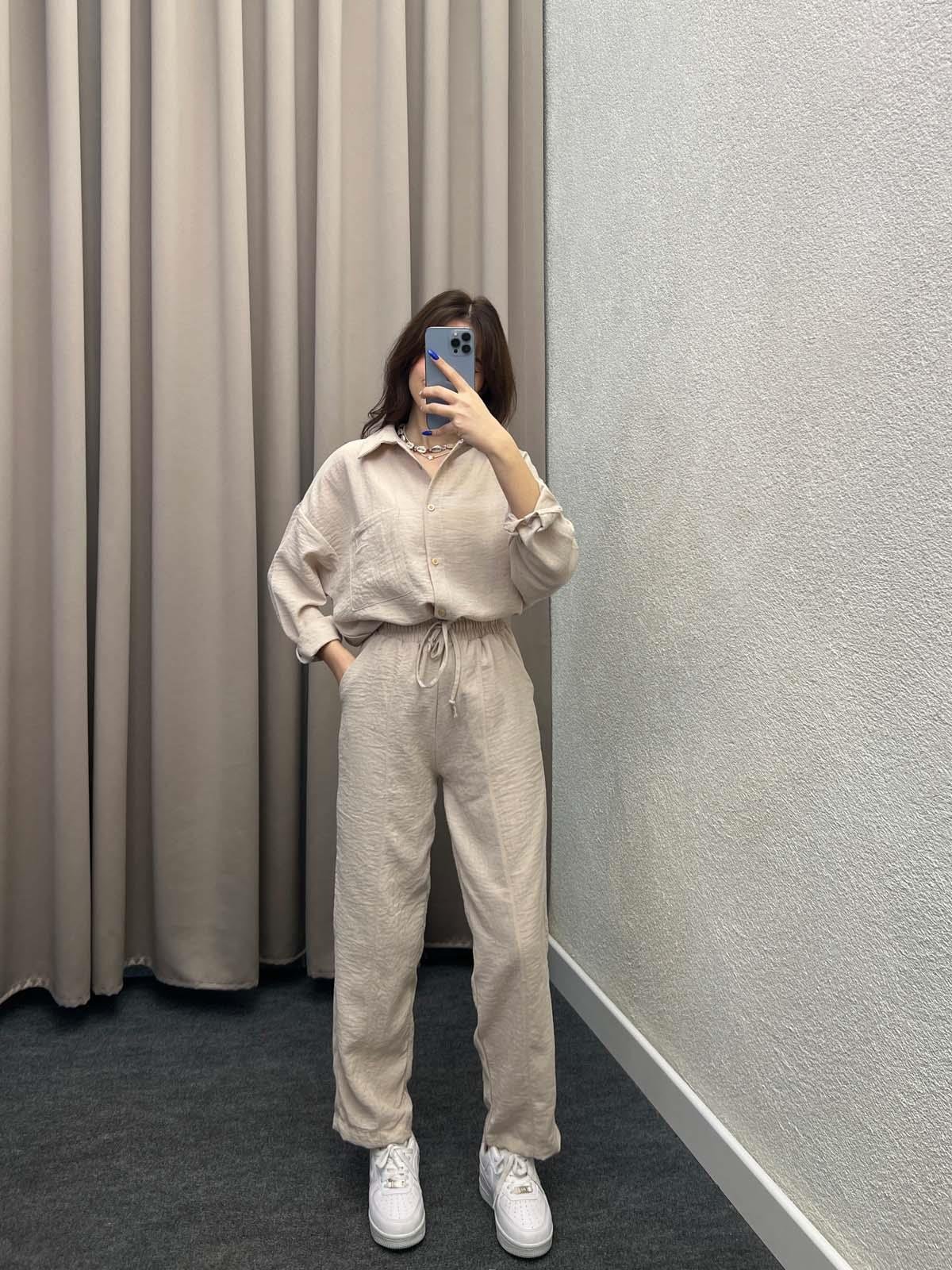 Pera Keten Bej Gömlekli Takım