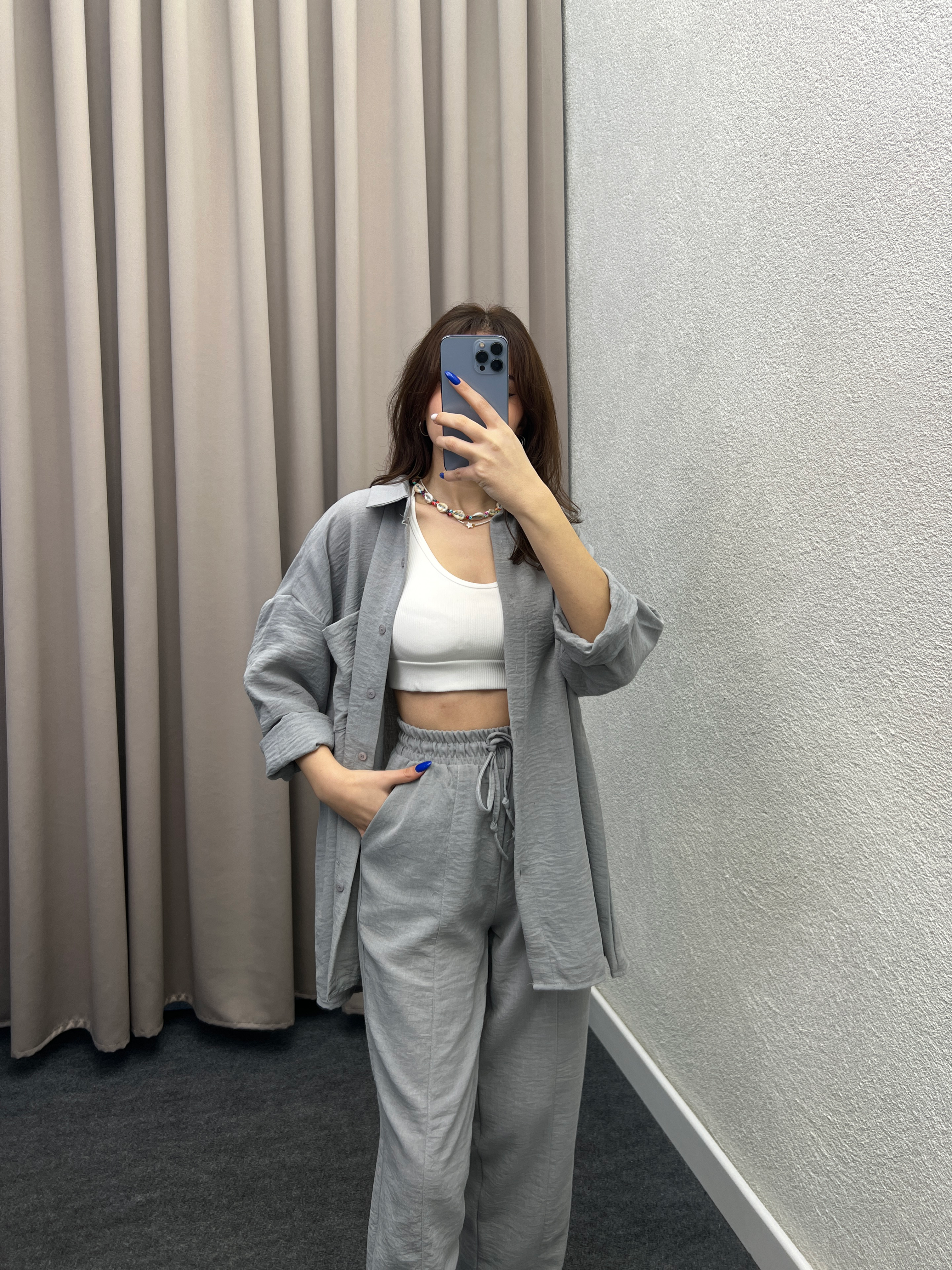 Pera Keten Gri Gömlekli Takım