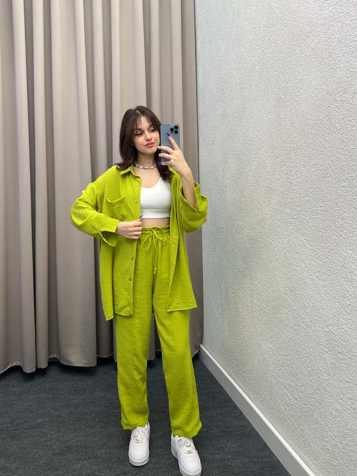 Pera Keten Yeşil Gömlekli Takım