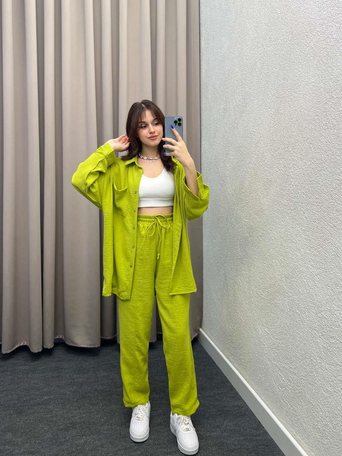 Pera Keten Yeşil Gömlekli Takım