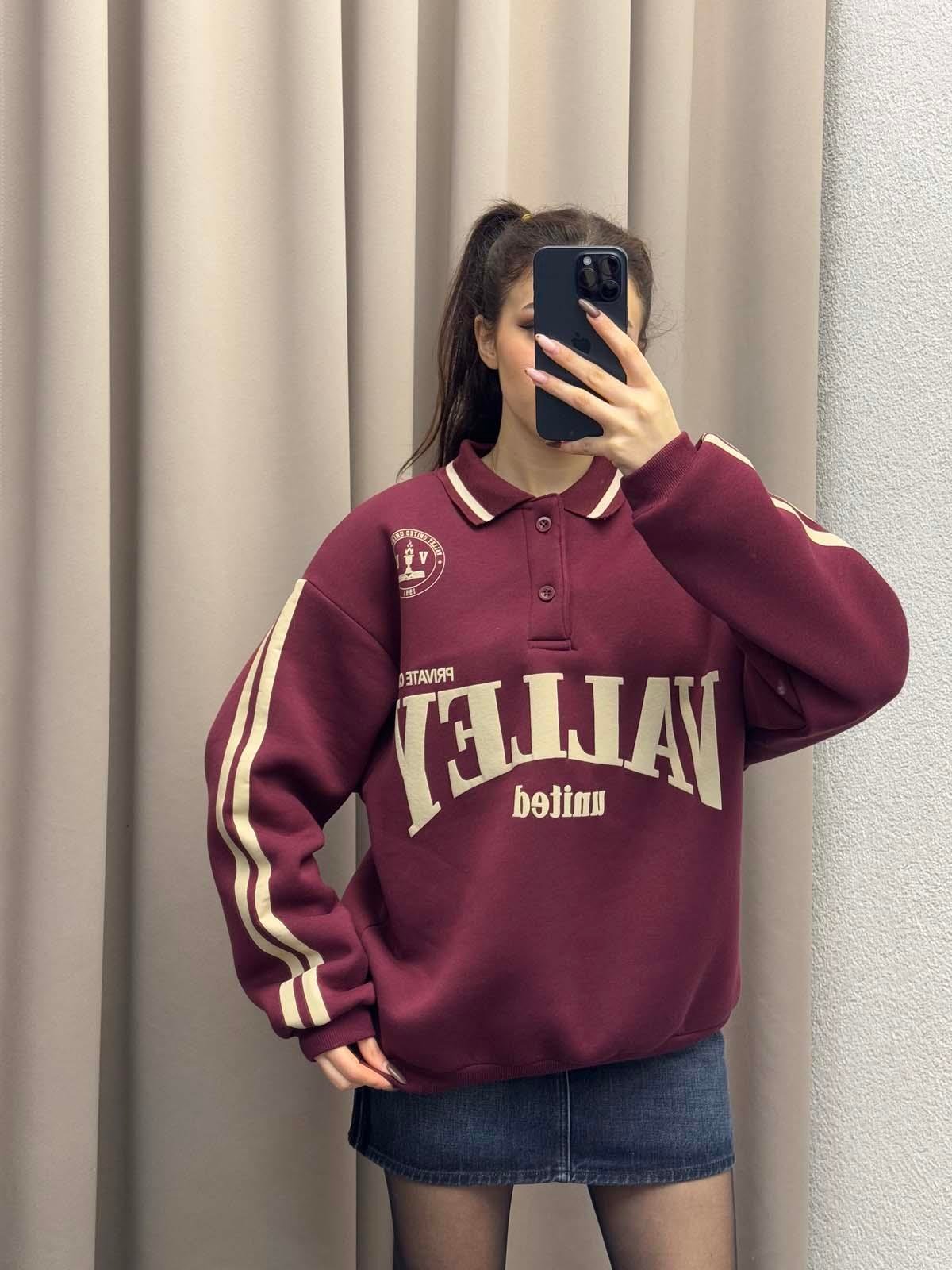 Polo Yaka Şardonlu Valley Bordo Sweatshirt