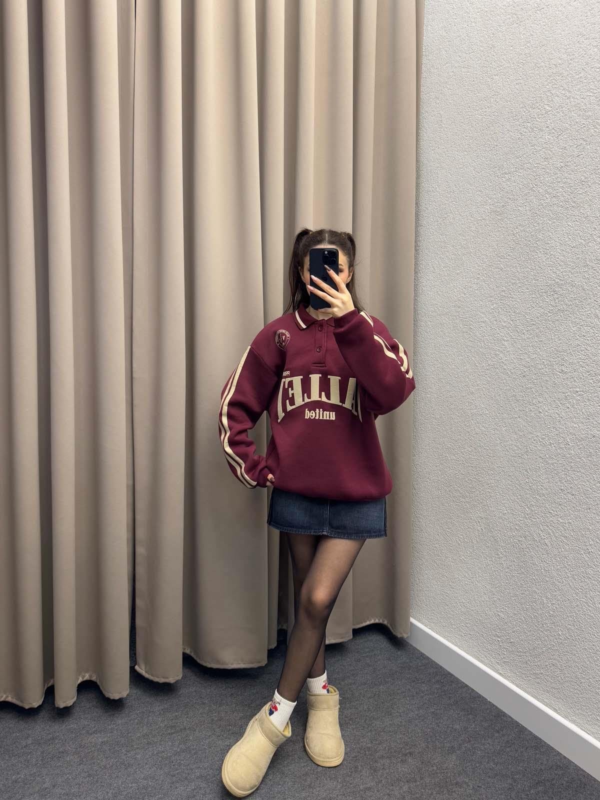 Polo Yaka Şardonlu Valley Bordo Sweatshirt