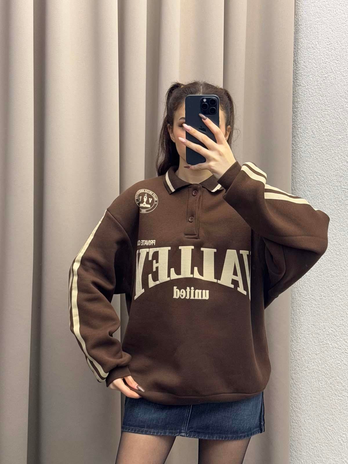 Polo Yaka Şardonlu Valley Kahve Sweatshirt