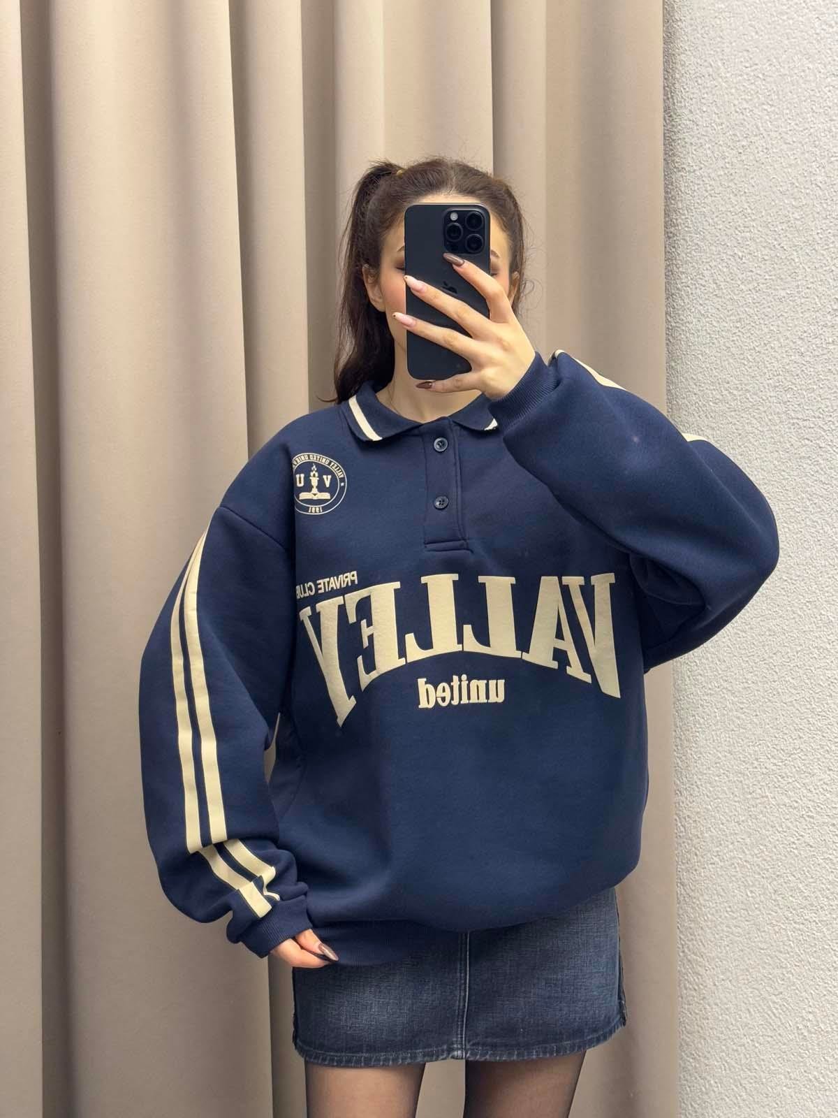 Polo Yaka Şardonlu Valley Lacivert Sweatshirt
