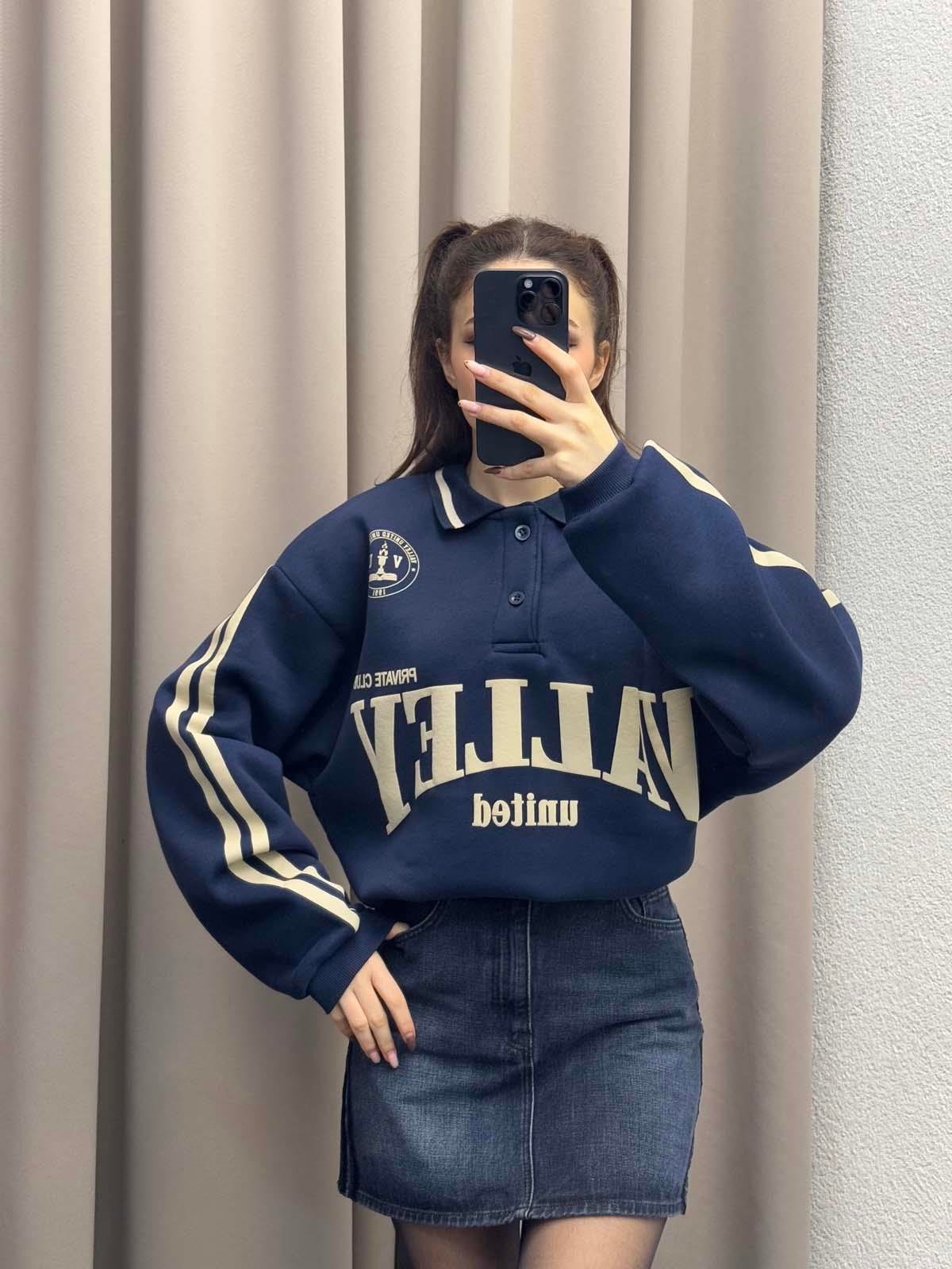 Polo Yaka Şardonlu Valley Lacivert Sweatshirt