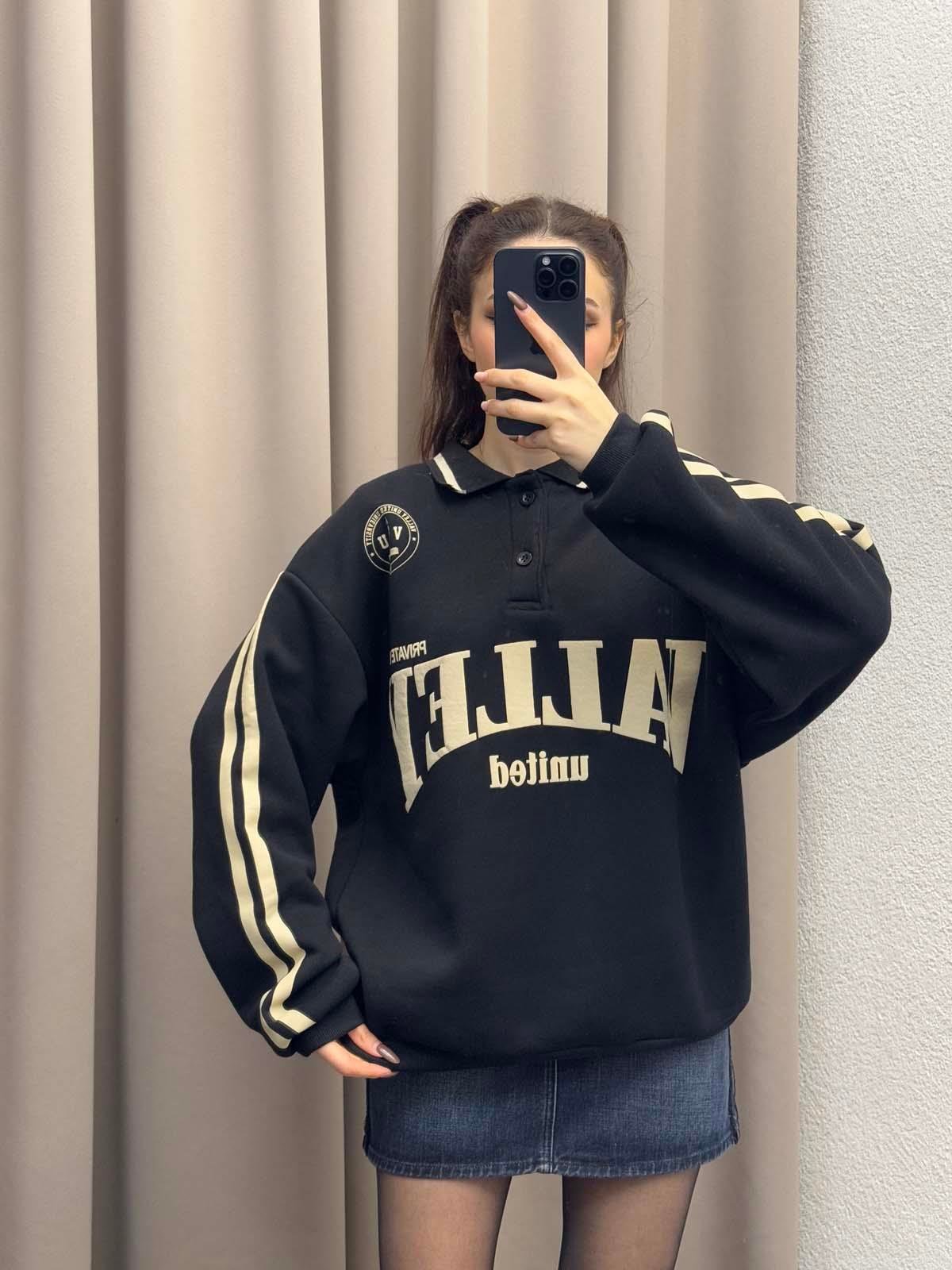 Polo Yaka Şardonlu Valley Siyah Sweatshirt