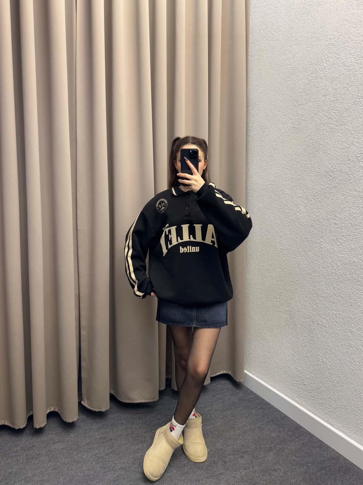 Polo Yaka Şardonlu Valley Siyah Sweatshirt