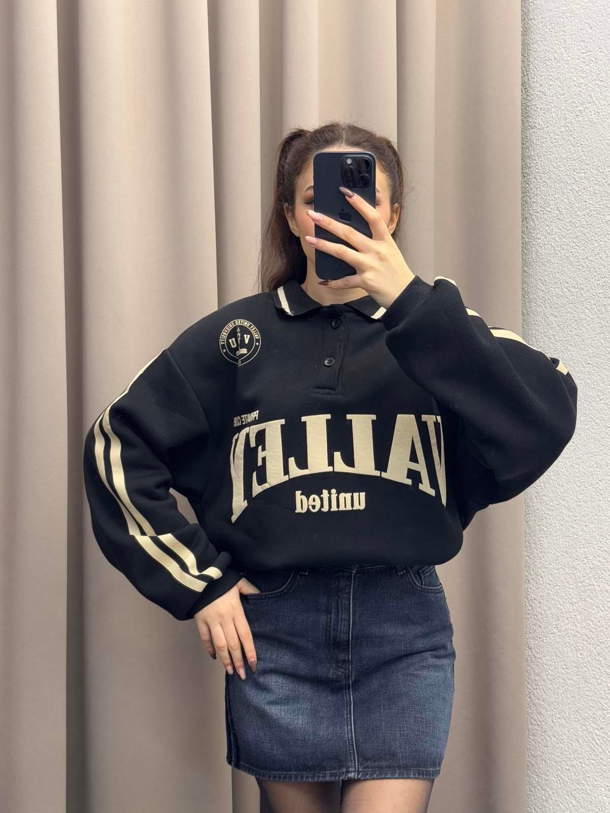 Polo Yaka Şardonlu Valley Siyah Sweatshirt