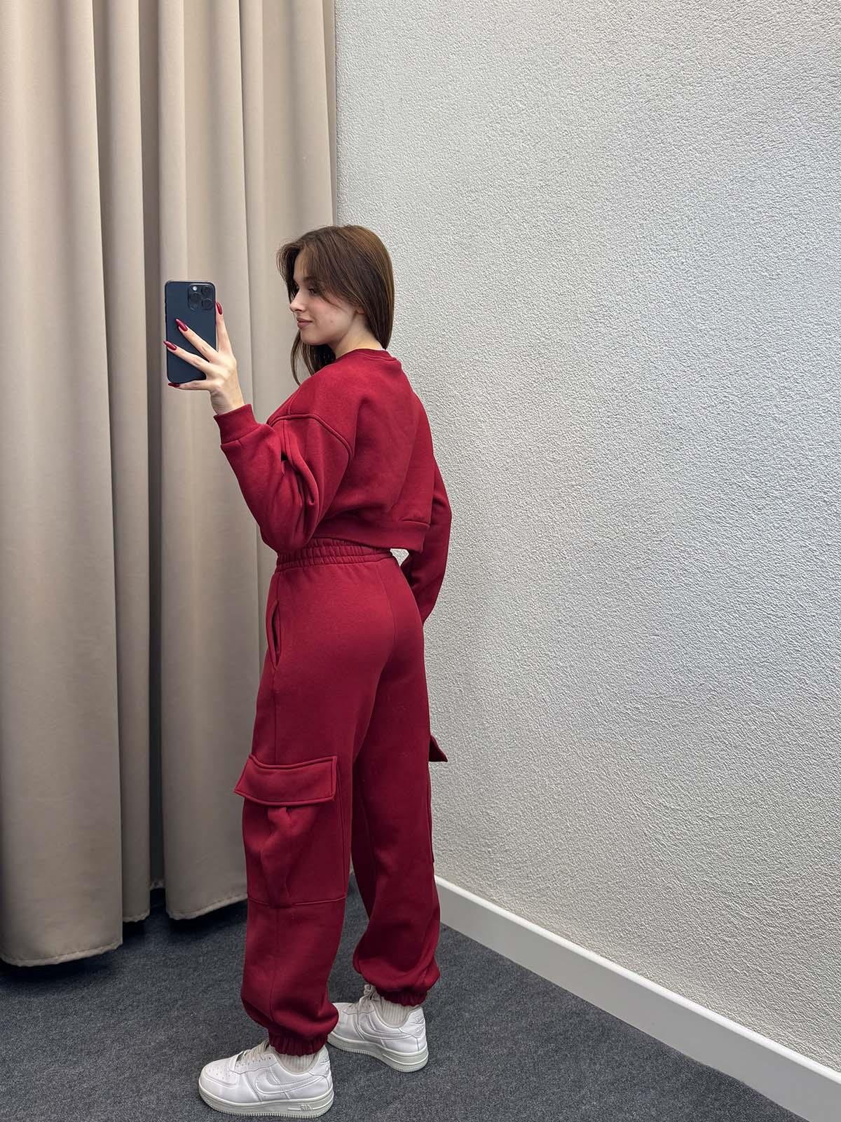 Reggio Kargo Cepli Crop Bordo Eşofman Takımı