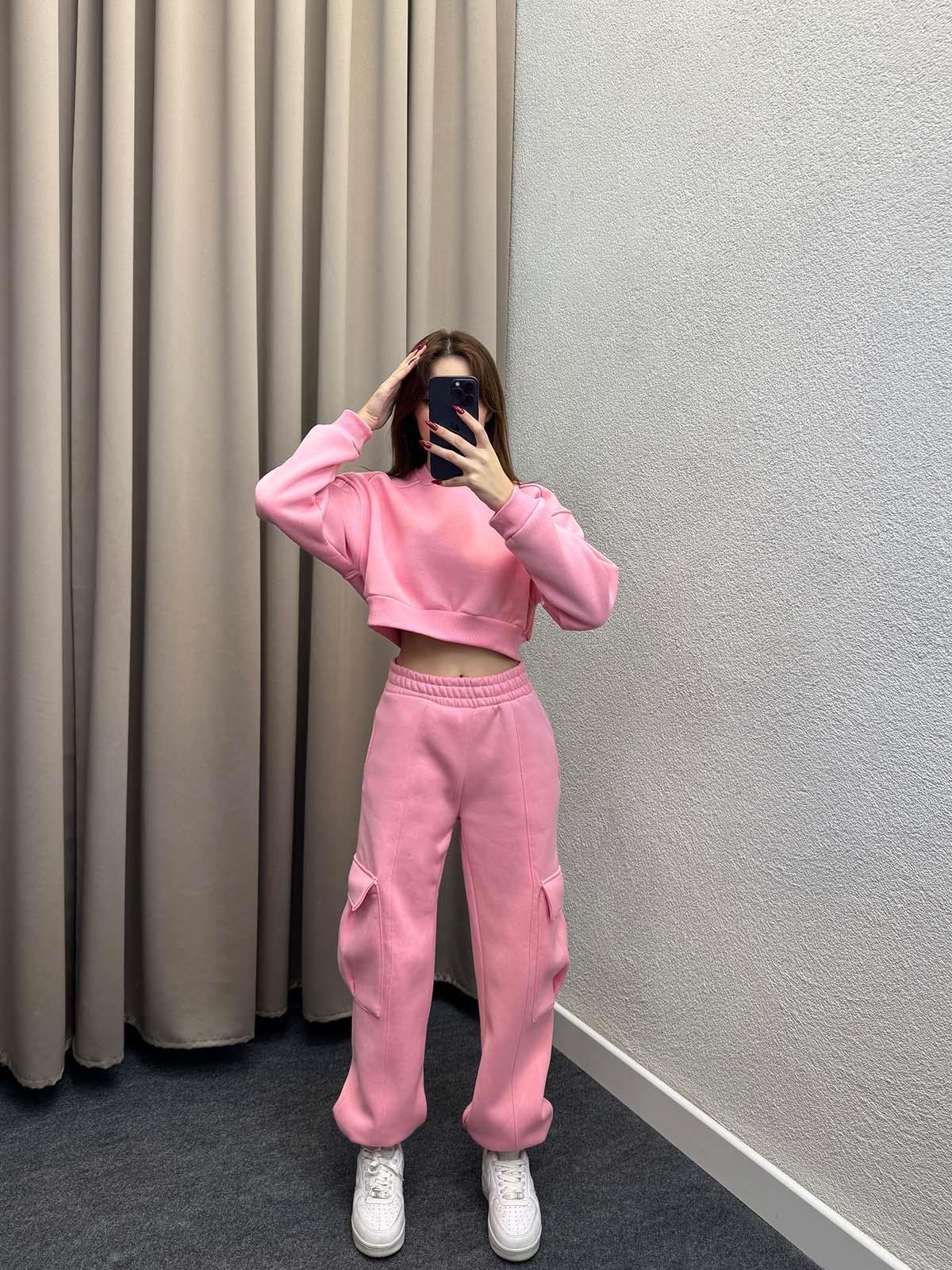 Reggio Kargo Cepli Crop Pudra Eşofman Takımı