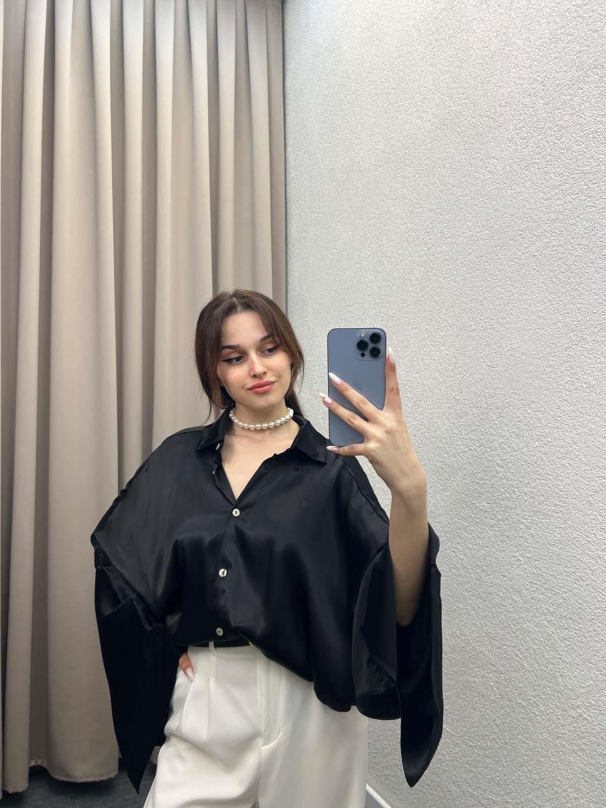 Saten Siyah Yarasa Kol Gömlek