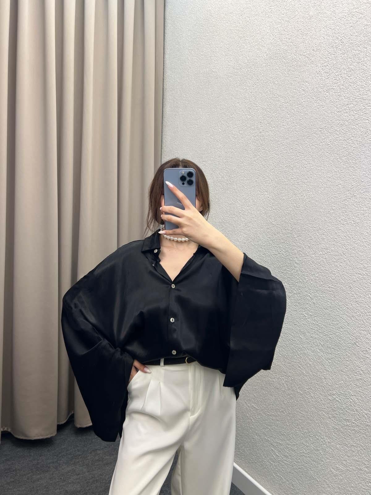 Saten Siyah Yarasa Kol Gömlek