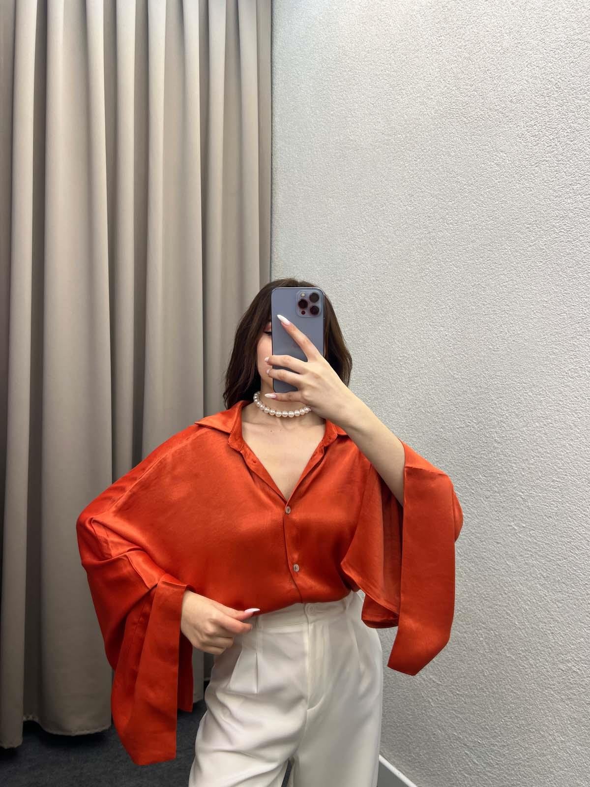 Saten Turuncu Yarasa Kol Gömlek