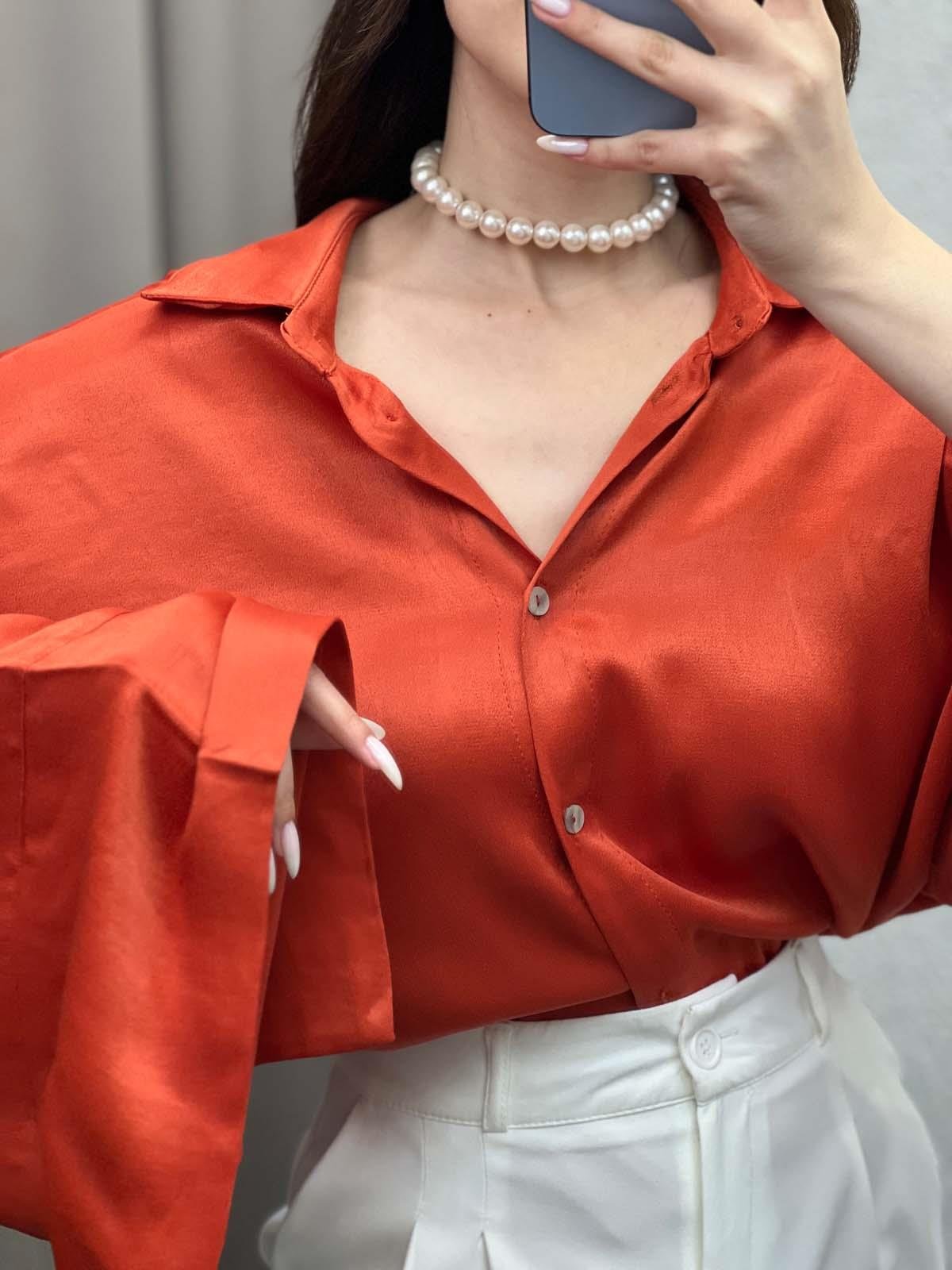 Saten Turuncu Yarasa Kol Gömlek