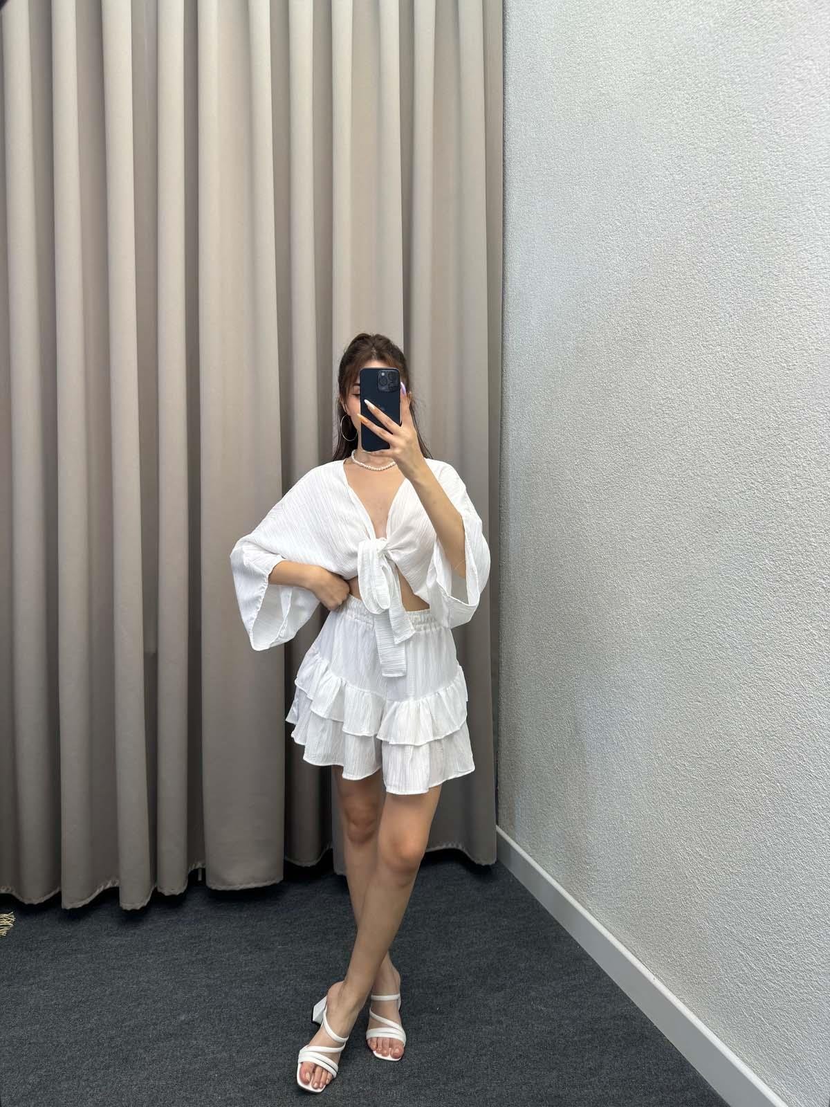 Sats Beyaz Şort Etek Bluz İkili Takım